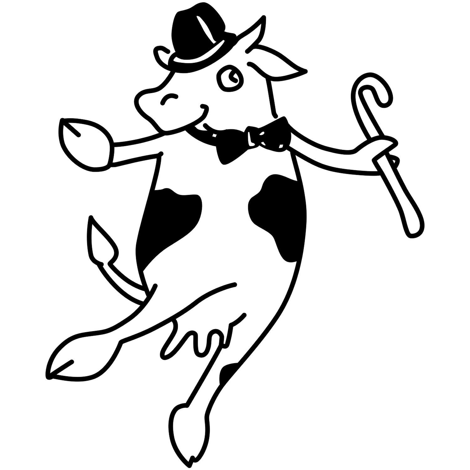 Cartoon cow in a hat and bow tie dancing with a cane, black and white line art illustration.