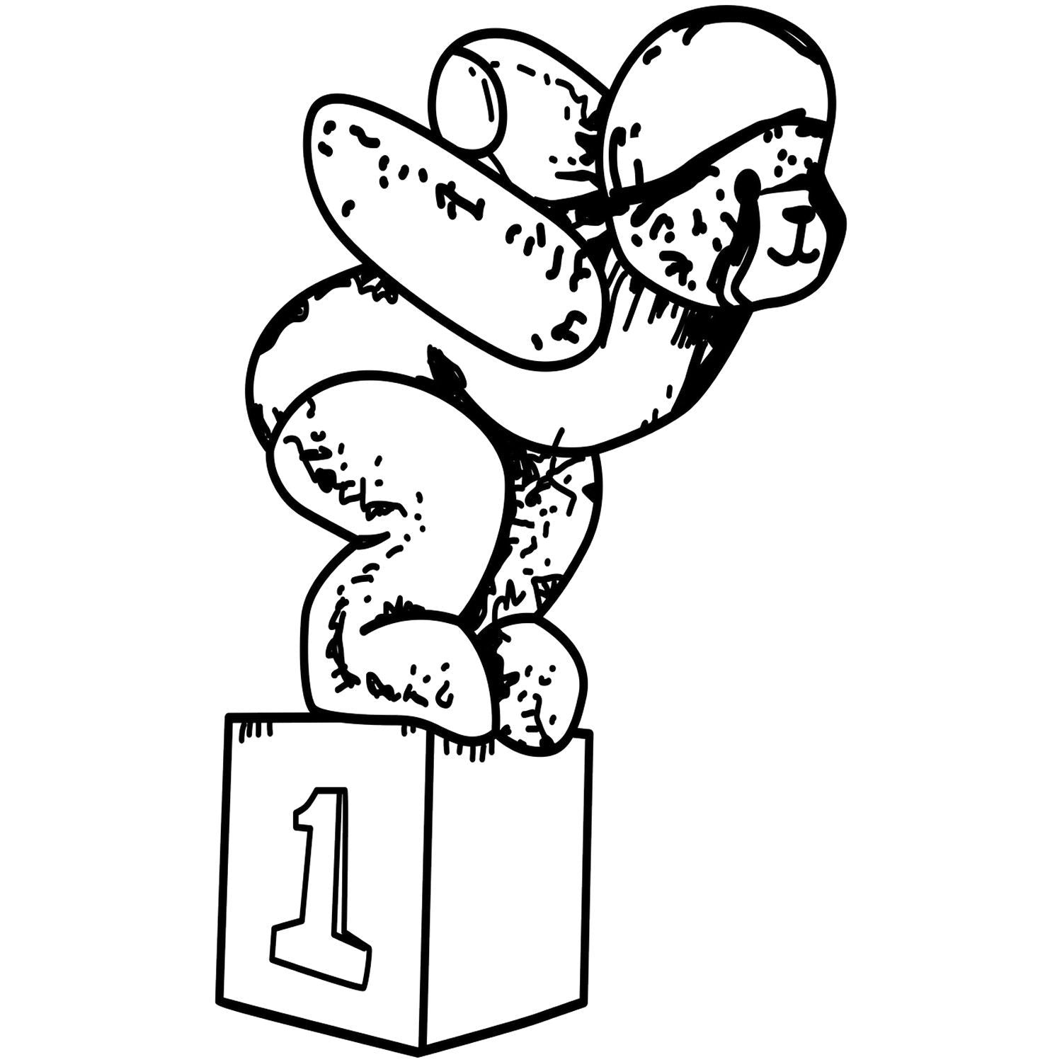 Black and white cartoon spotted cat on a first place podium, line art animal illustration.