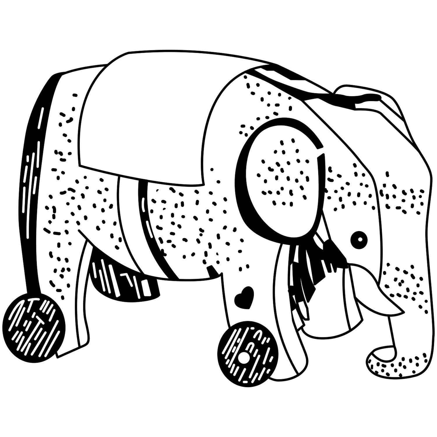 Black and white cartoon elephant illustration with decorative dots, heart, and hanging circles, perfect for kids coloring page.