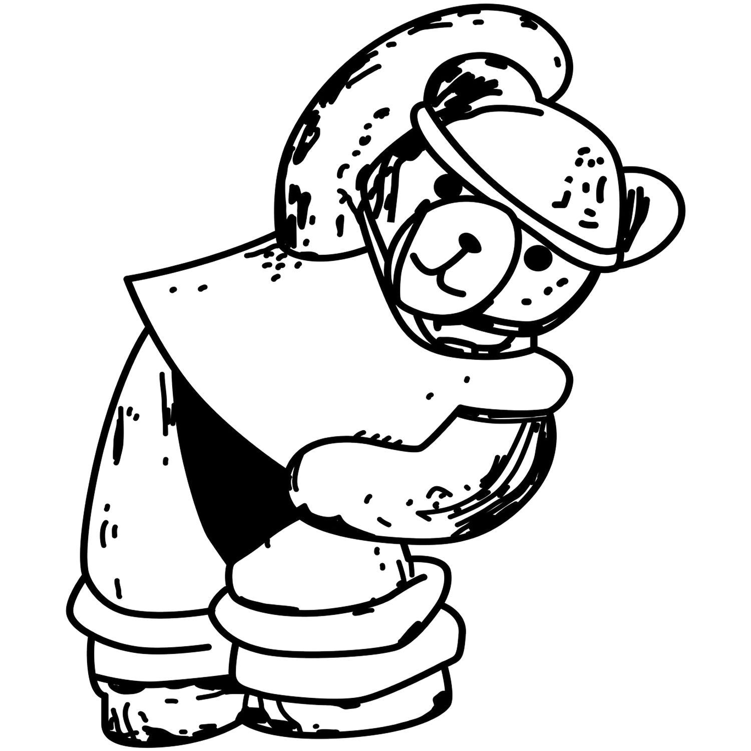 Black and white teddy bear illustration with a hat and scarf, cute cartoon bear clipart on a white background.