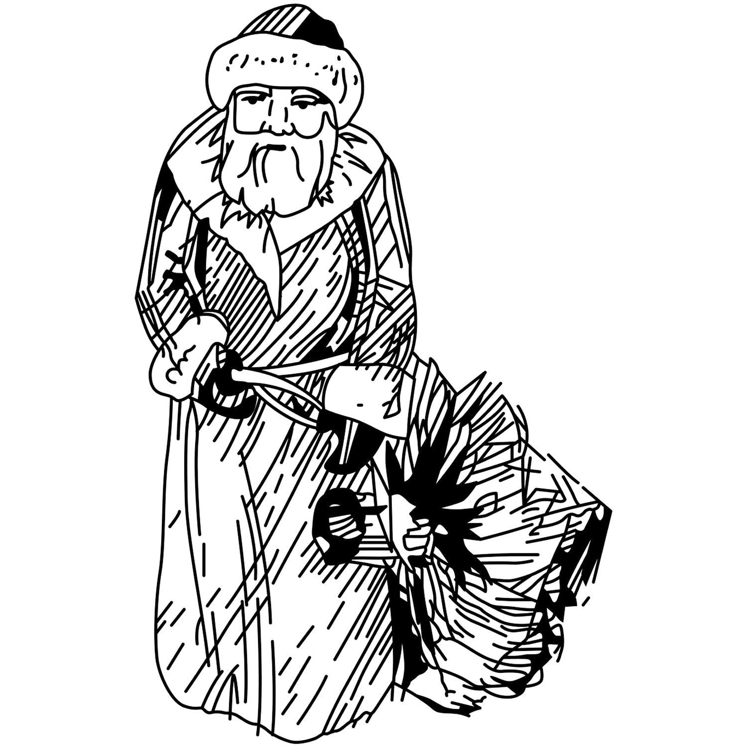Black and white Santa Claus line art illustration in a festive Christmas drawing style.