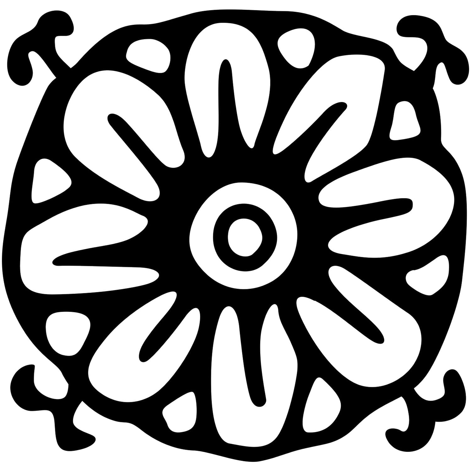 Black decorative floral mandala wheel design on white background, abstract ornamental pattern.