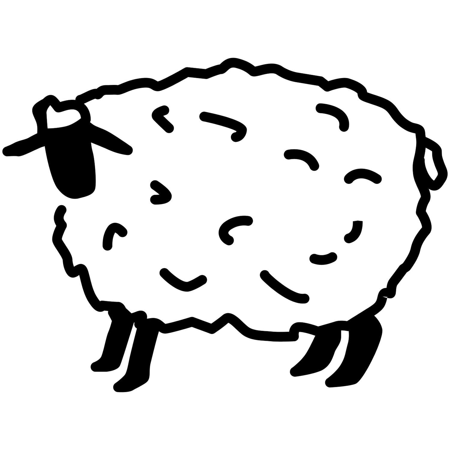 Black and white cartoon sheep outline icon, simple lamb clipart on a white background.