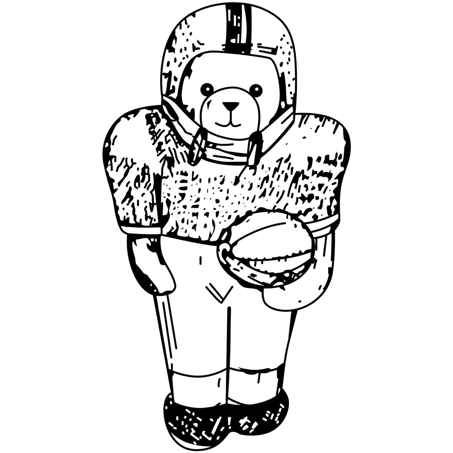 Black and white teddy bear football player illustration wearing a helmet and uniform, holding a football.