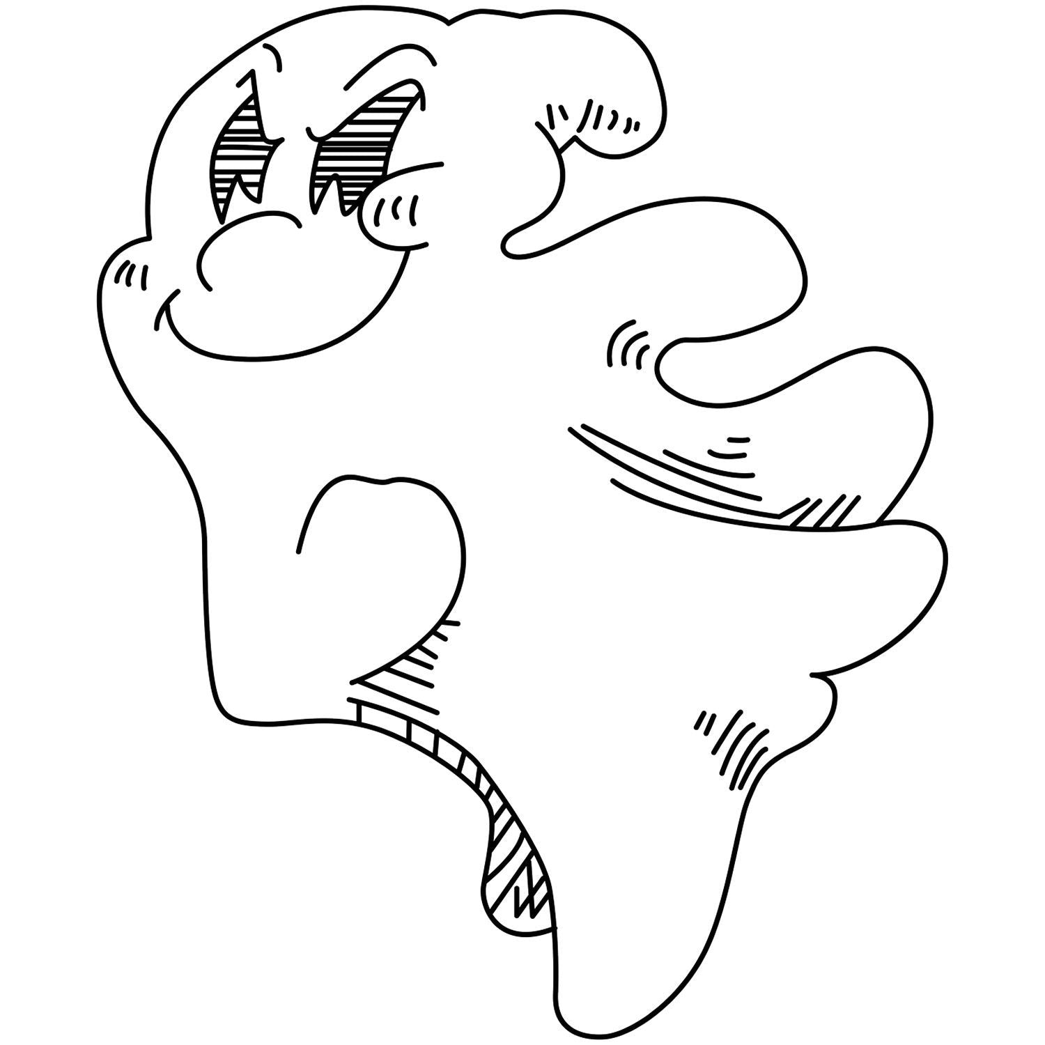 Black and white cartoon ghost illustration, spooky cute Halloween line art clipart.