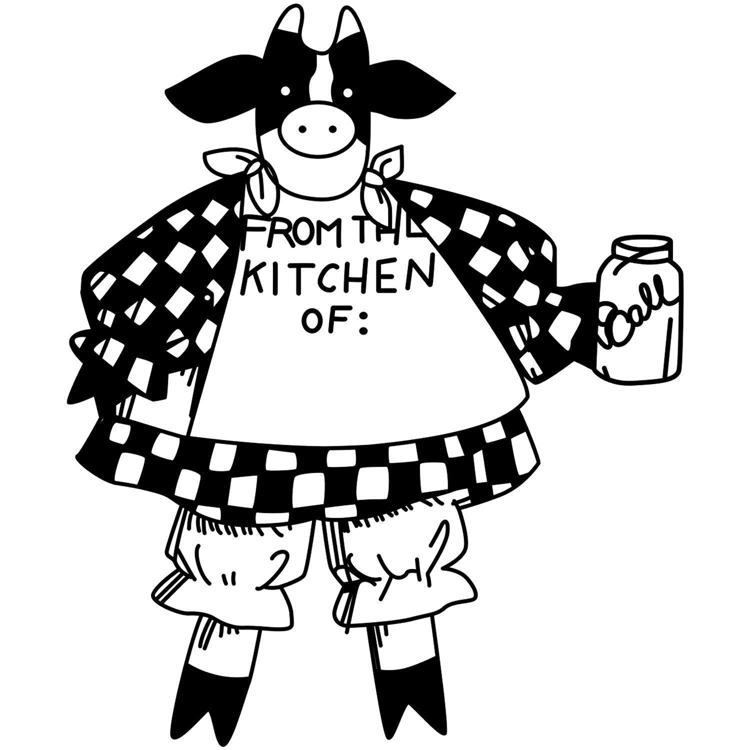 Black and white cow kitchen sign illustration holding a jar, with From the Kitchen of text, farmhouse style clipart design.