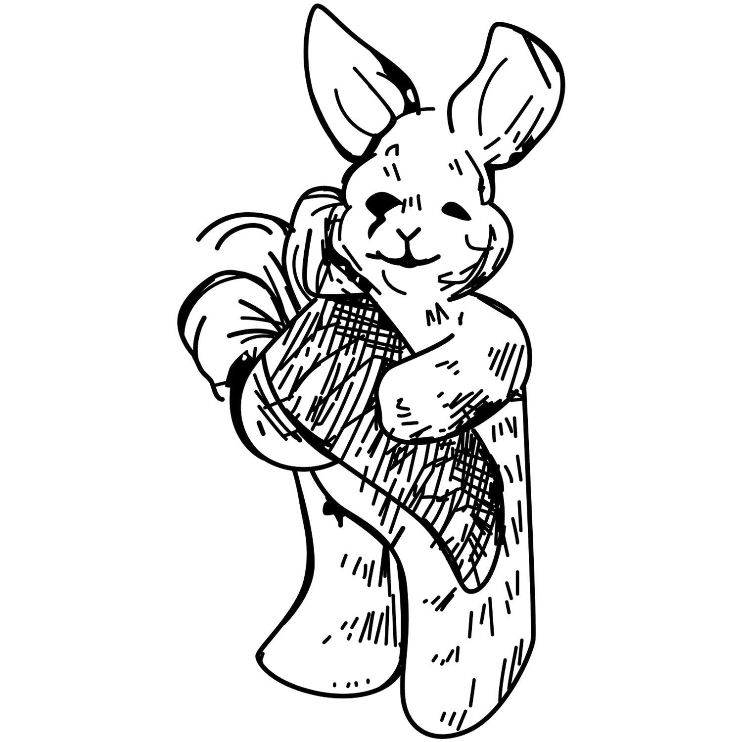 Cute black and white line art of a cartoon rabbit hugging a large carrot, isolated on a white background.