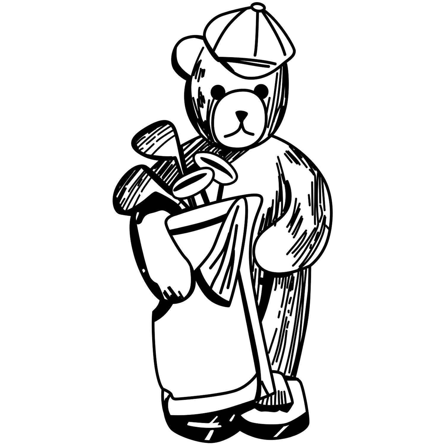 Black and white teddy bear golfer illustration holding a golf bag and clubs, cute sports clipart on a white background.