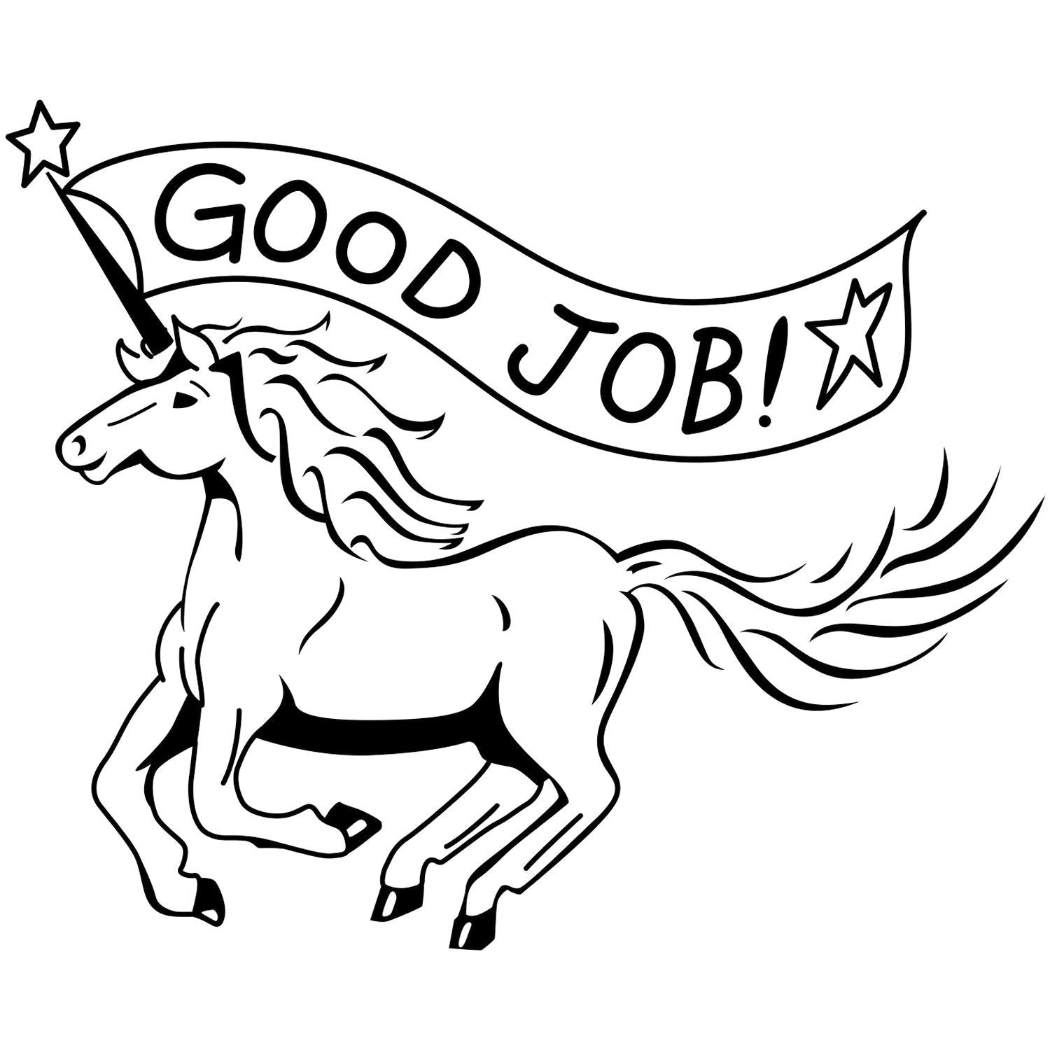Black and white unicorn good job reward clipart with banner and stars, printable motivational coloring page design.