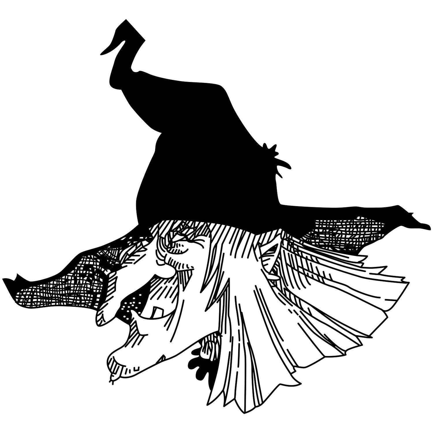 Black silhouette of a flying witch in a flowing dress, vintage-style line art illustration.