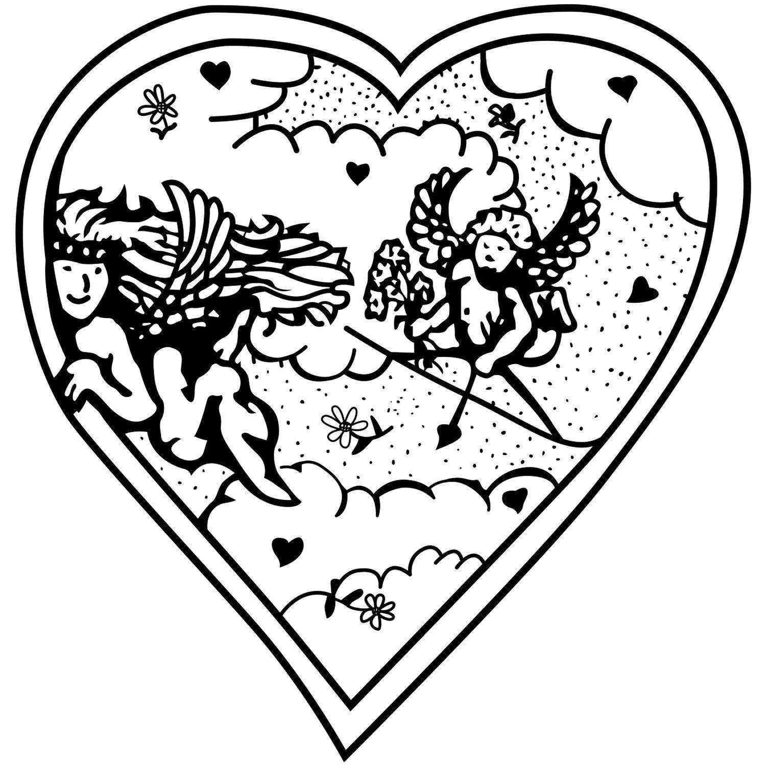 Black and white heart-shaped fairy coloring page with two cupid-style winged girls, clouds, hearts, and flowers.