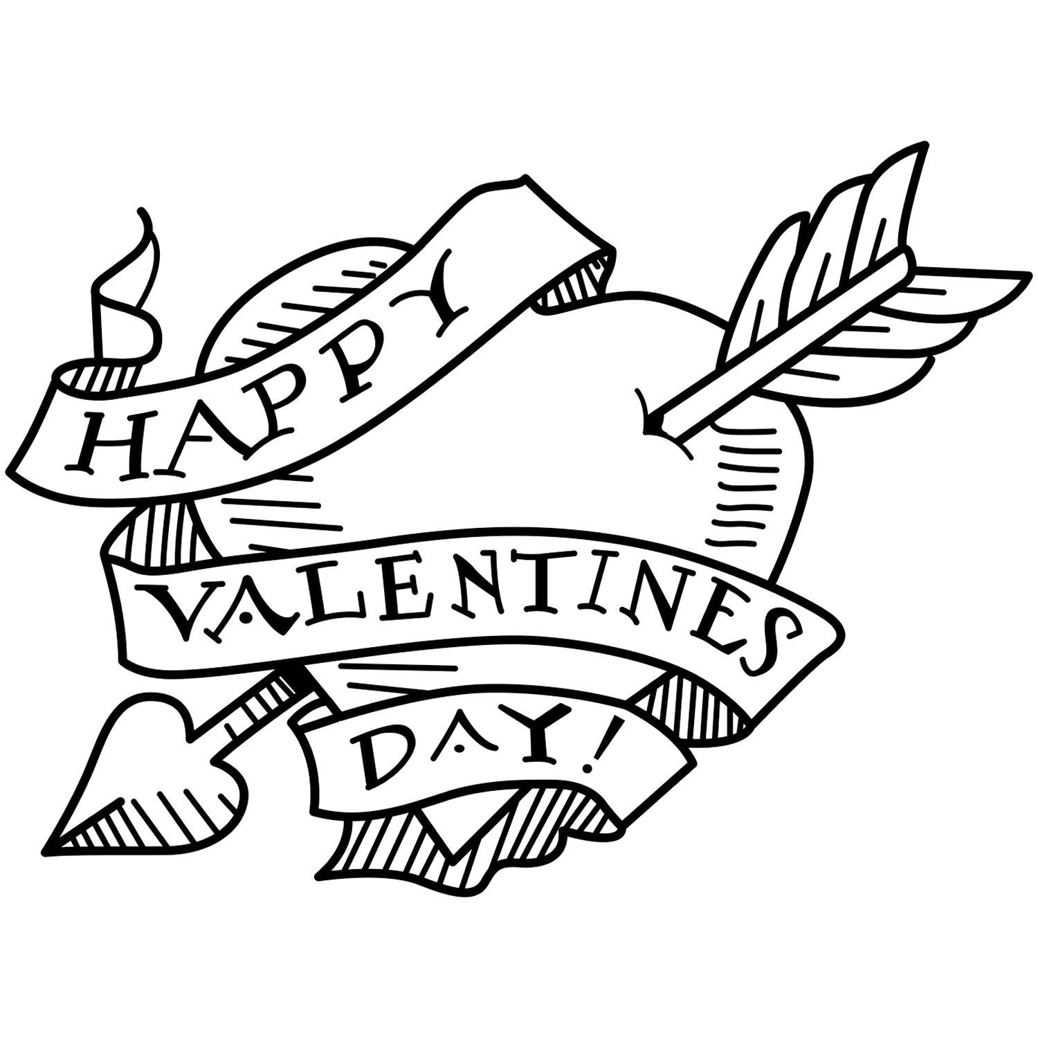 Black and white Valentines Day banner with arrow and hand-drawn Happy Valentines Day lettering.