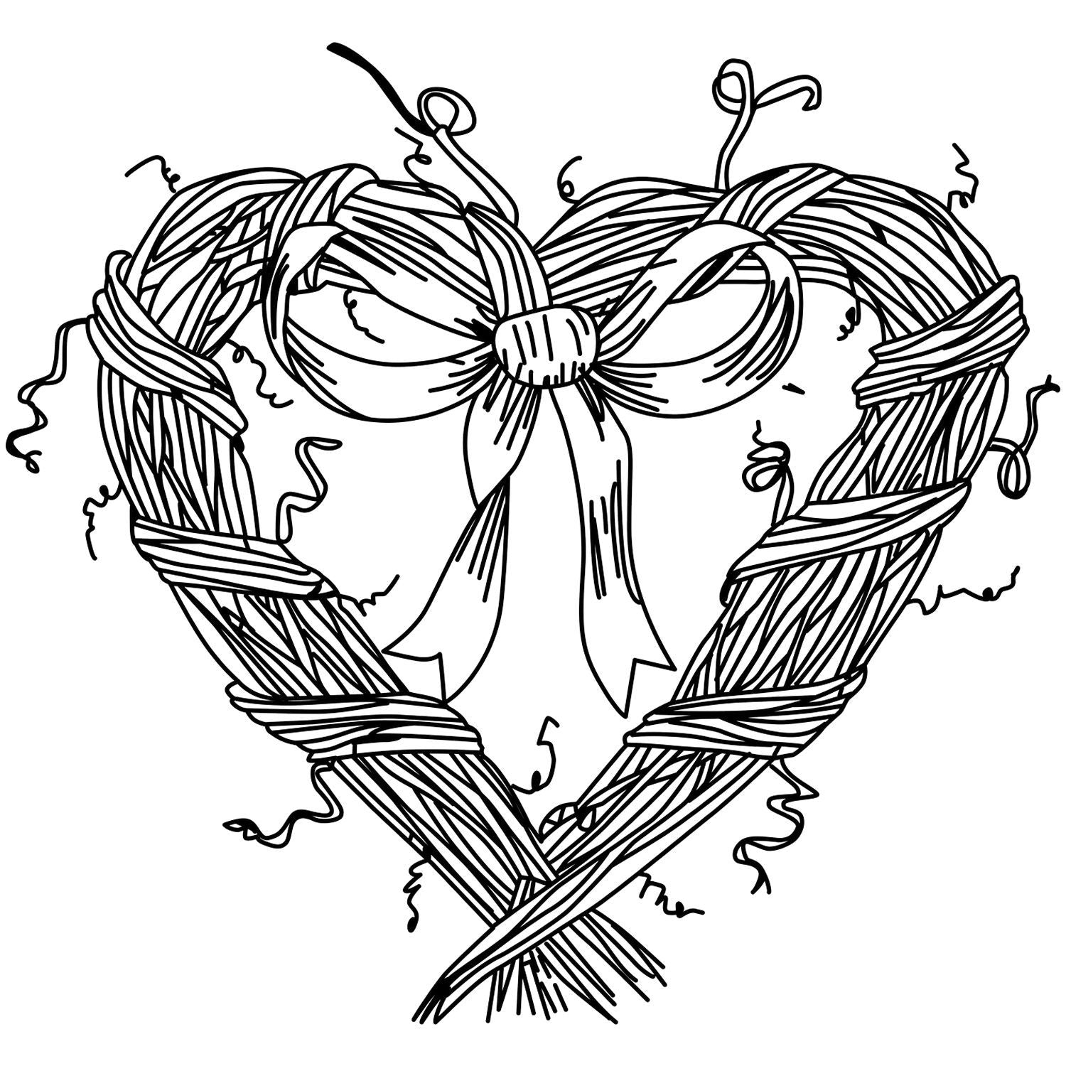 Black and white hand-drawn heart shaped ribbon bow illustration, a cute decorative love icon for Valentines Day and romantic designs.
