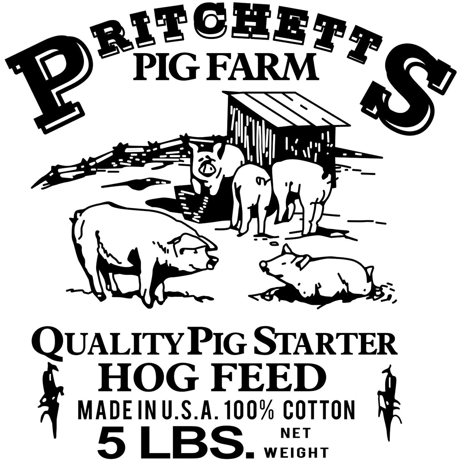 Vintage Ritchett Pig Farm quality pig starter hog feed label with pigs, barn illustration, and 5 lbs 100% cotton print design