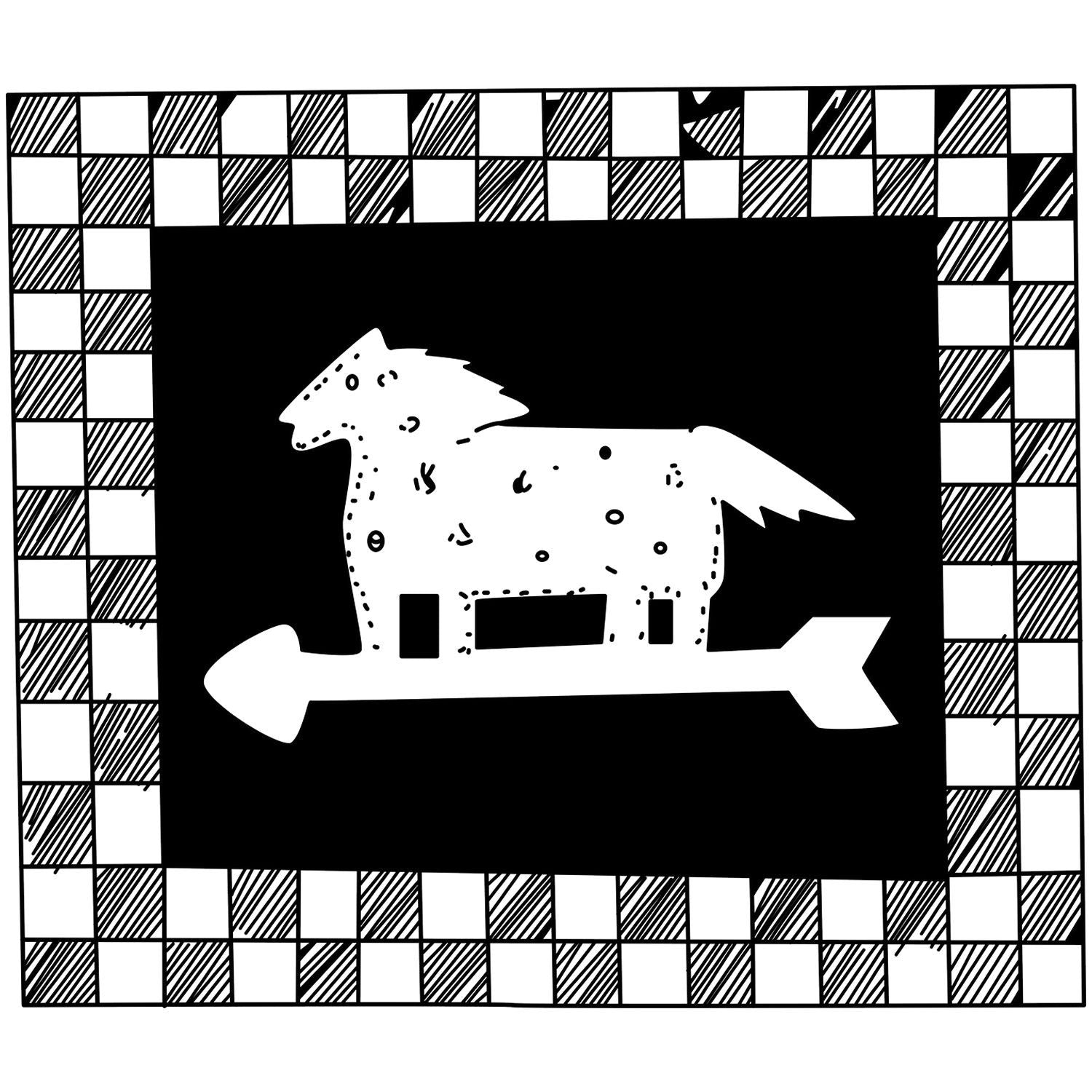 Abstract white horse silhouette on a black background, framed by a black-and-white checkerboard border.