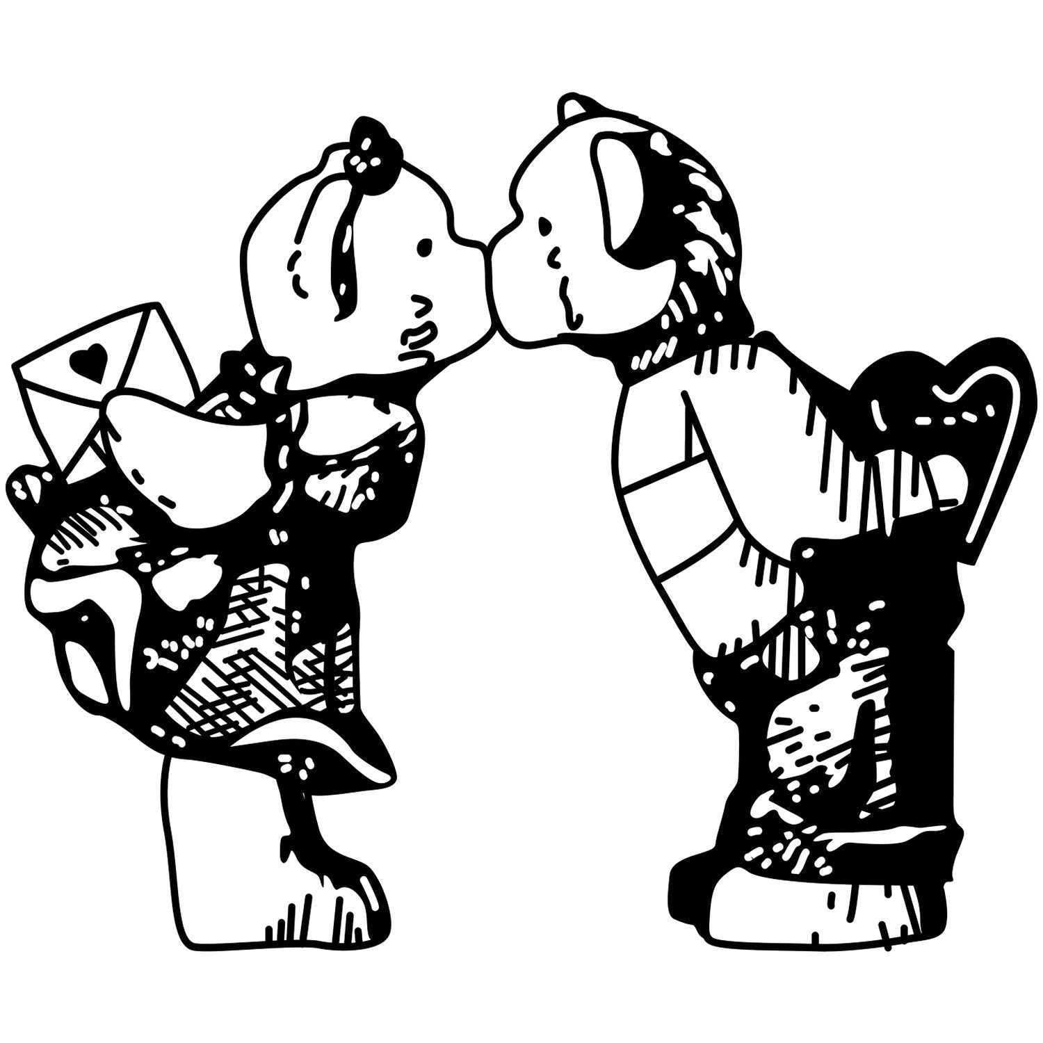 Black and white cute puppy couple kissing with heart envelope, romantic Valentines Day dog illustration.