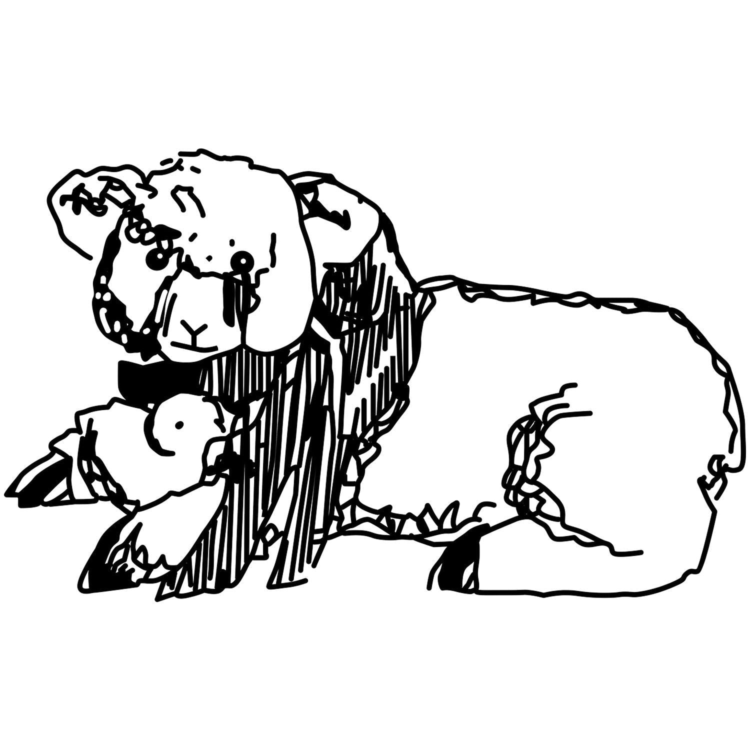Black and white line drawing of a puppy lying down on a white background.