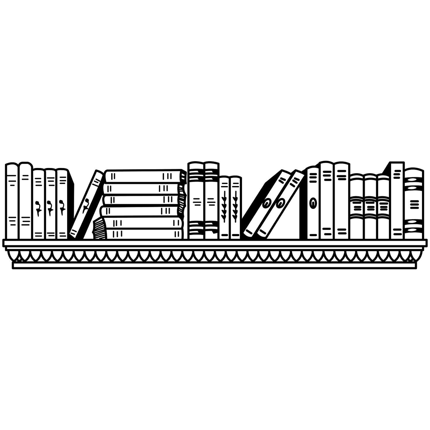 Black and white bookshelf illustration with neatly arranged books on a decorative shelf, vintage line art library decor.