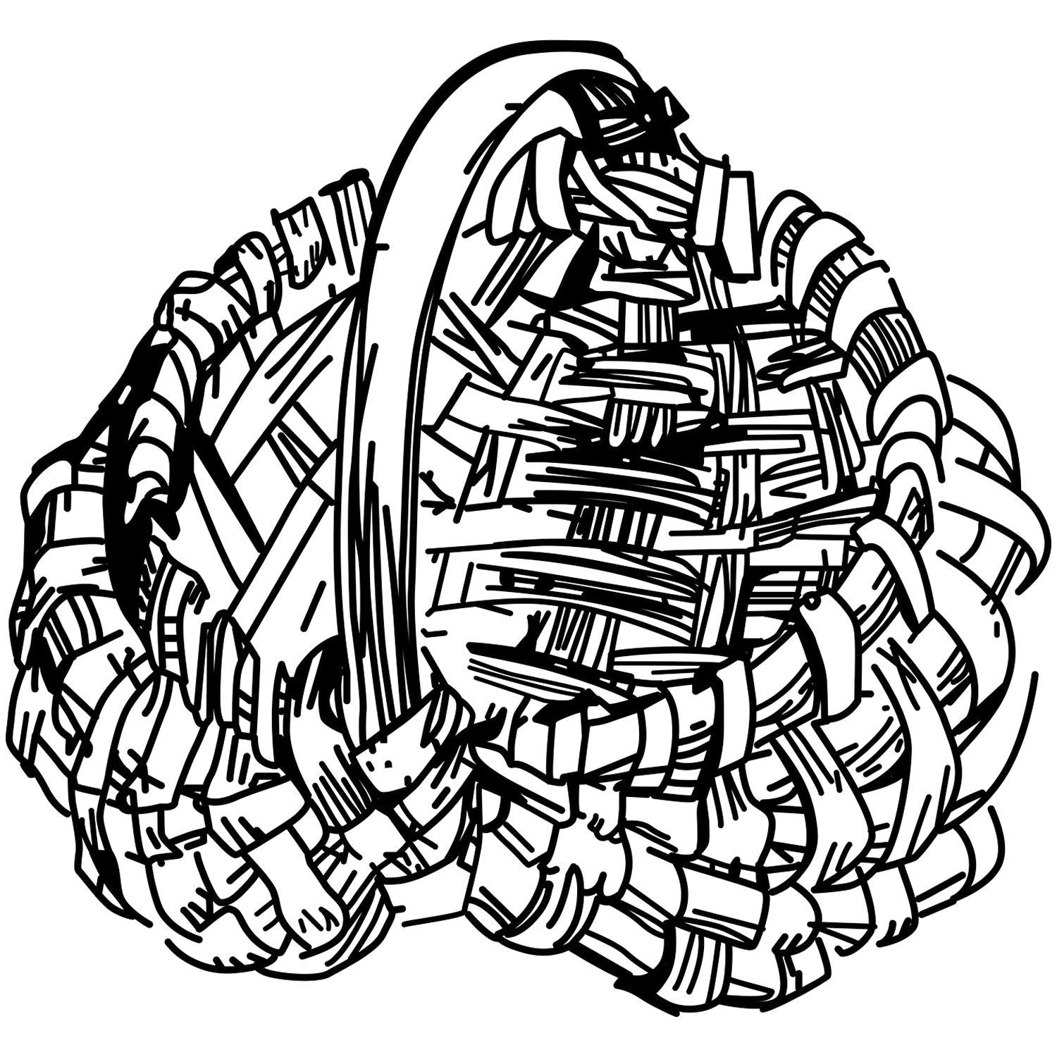 Black and white abstract woven basket illustration with intricate hand-drawn braided texture.