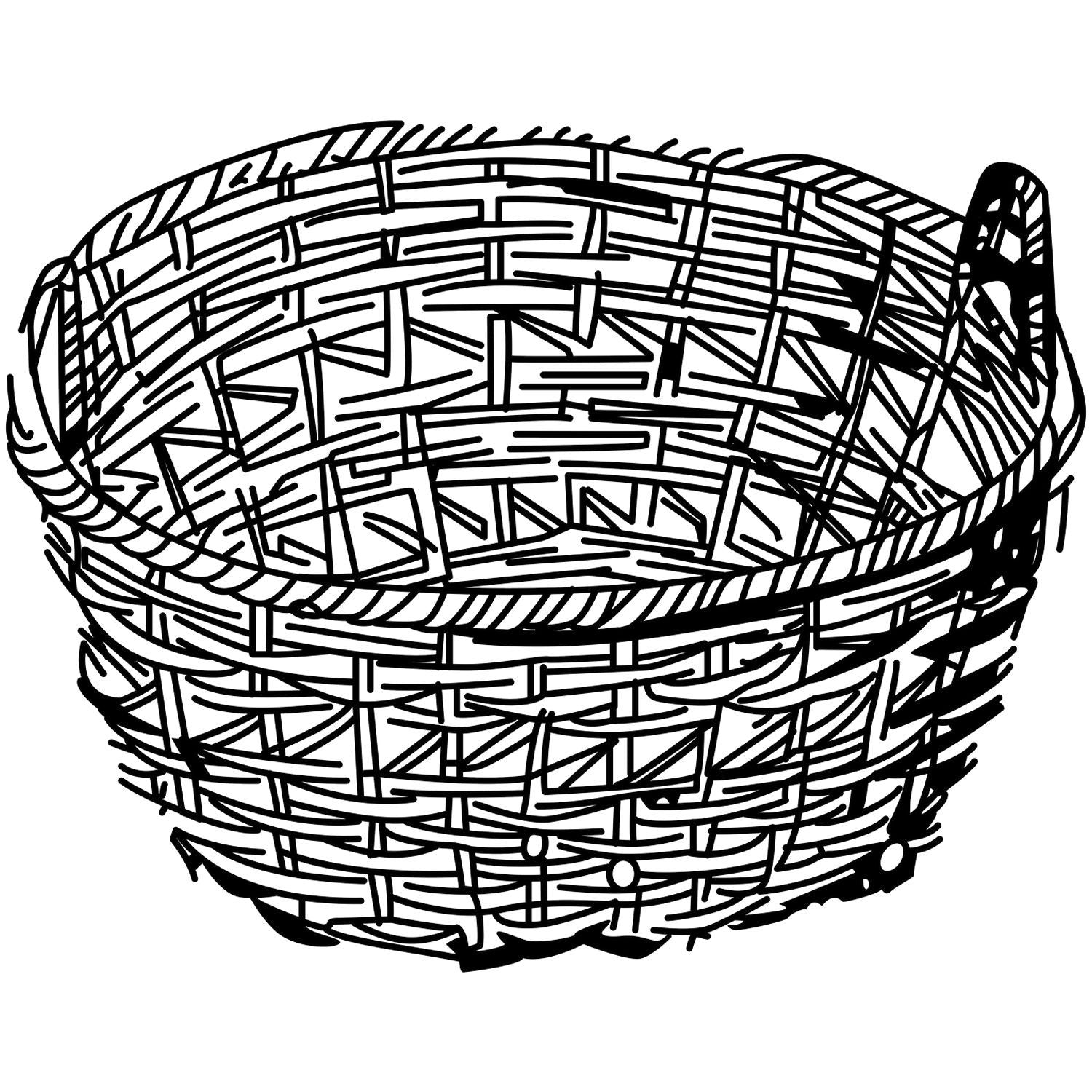Black and white hand-drawn wicker basket illustration with woven texture, isolated on a white background.