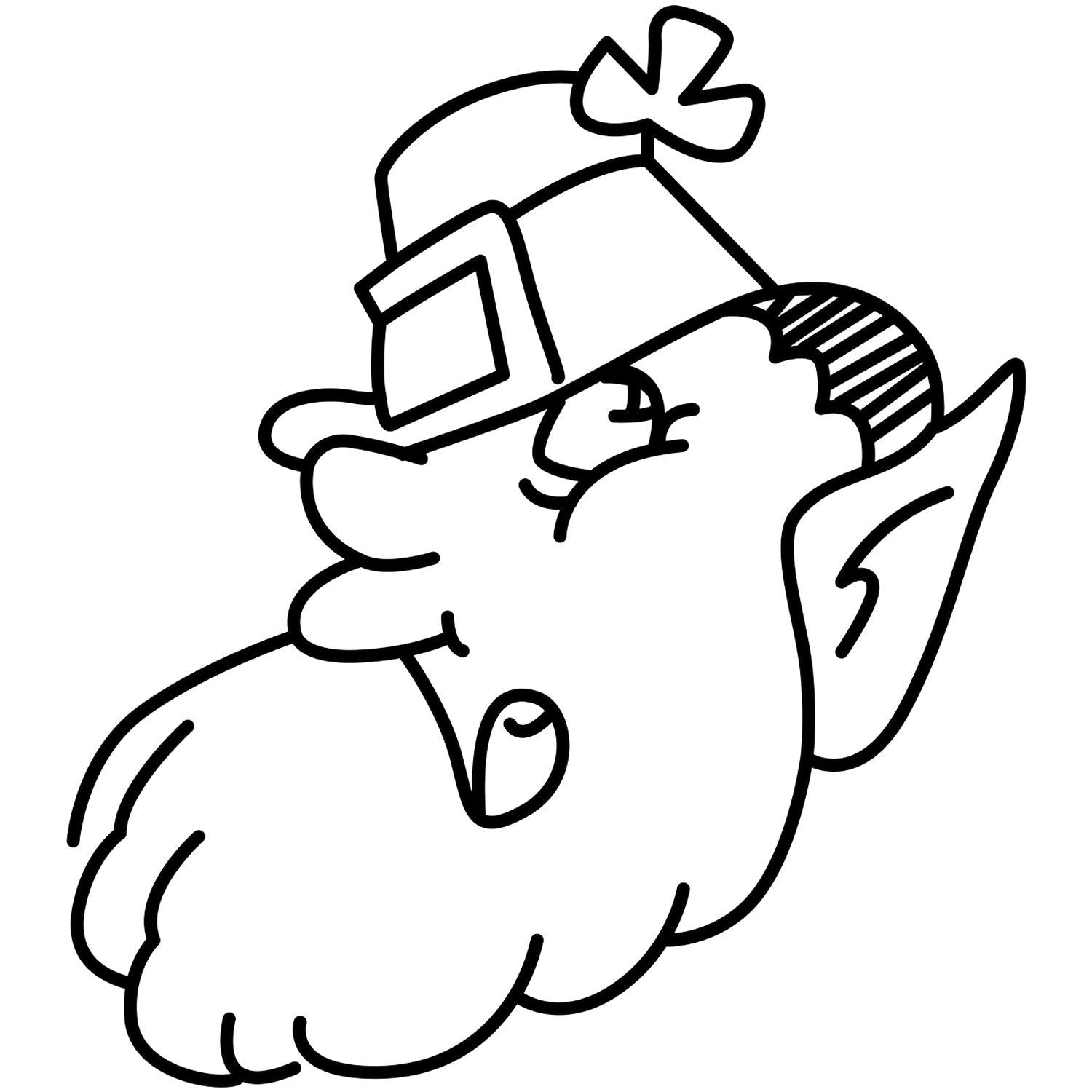 Cute cartoon turkey wearing a pilgrim hat, black and white Thanksgiving line art illustration.