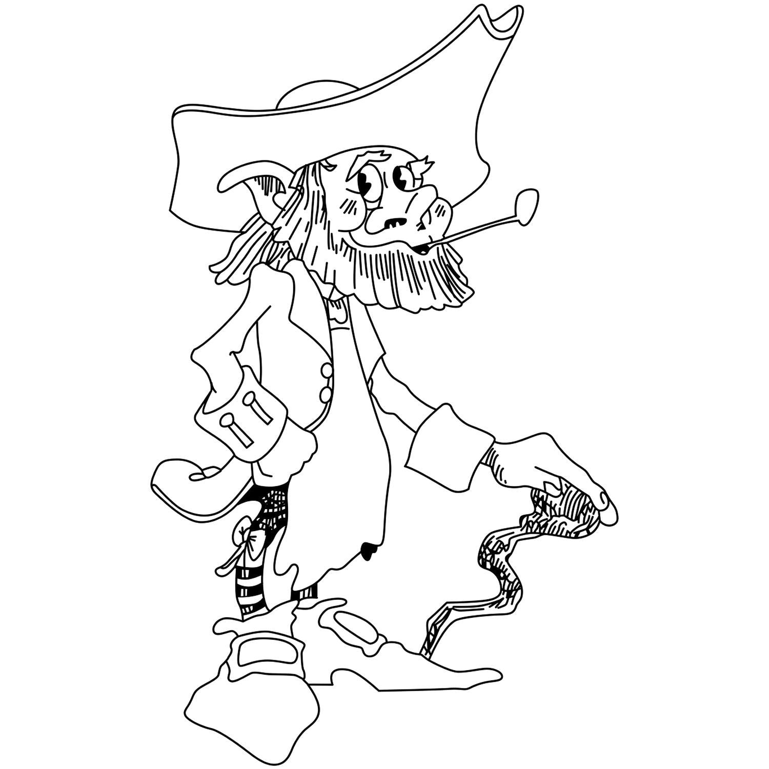 Black and white cartoon pirate character with a hat, beard, and pipe, outlined coloring page illustration.