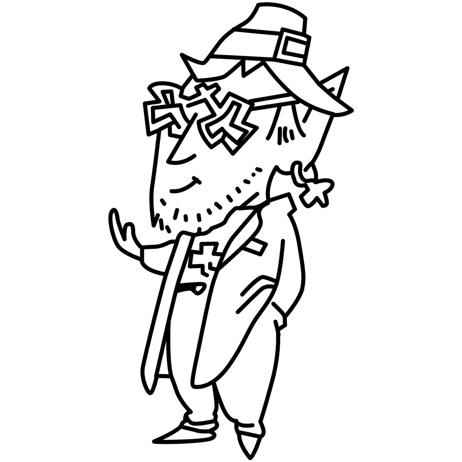 Black and white cartoon scarecrow illustration with hat, glasses, and rustic fall harvest design.
