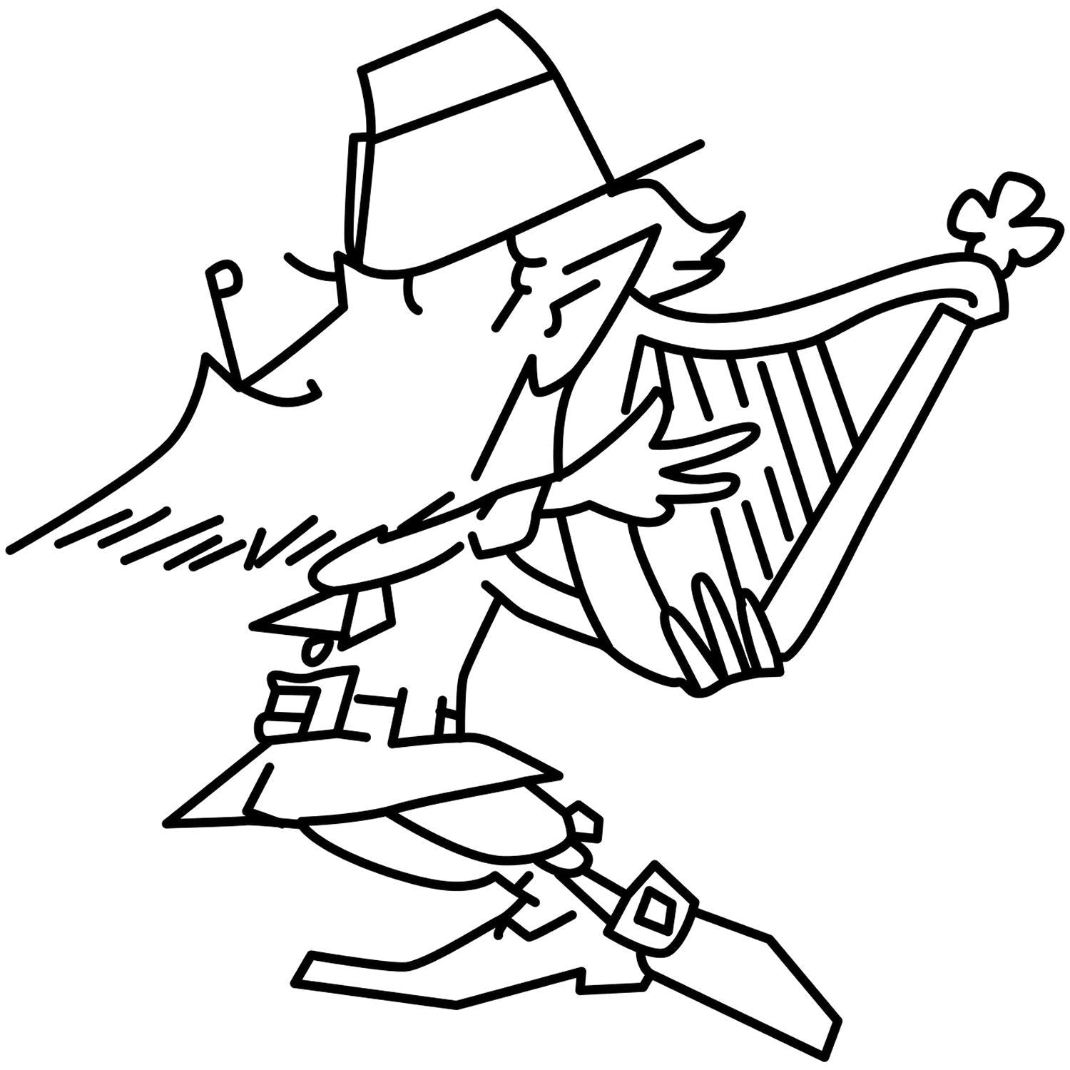 Black and white line art of a cartoon detective in a hat and coat walking forward.