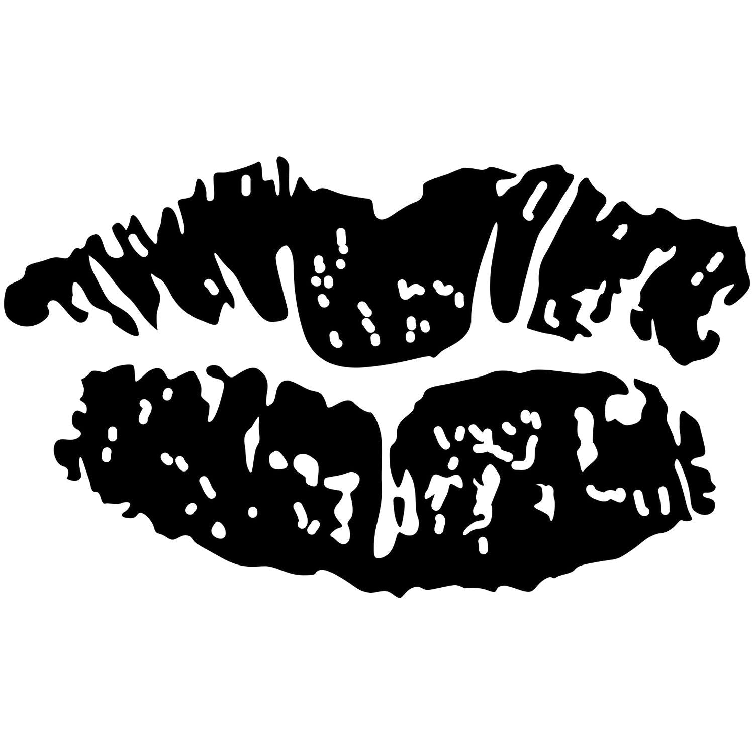 Black lipstick kiss mark icon on a white background, stylish lips print silhouette for beauty and fashion design.