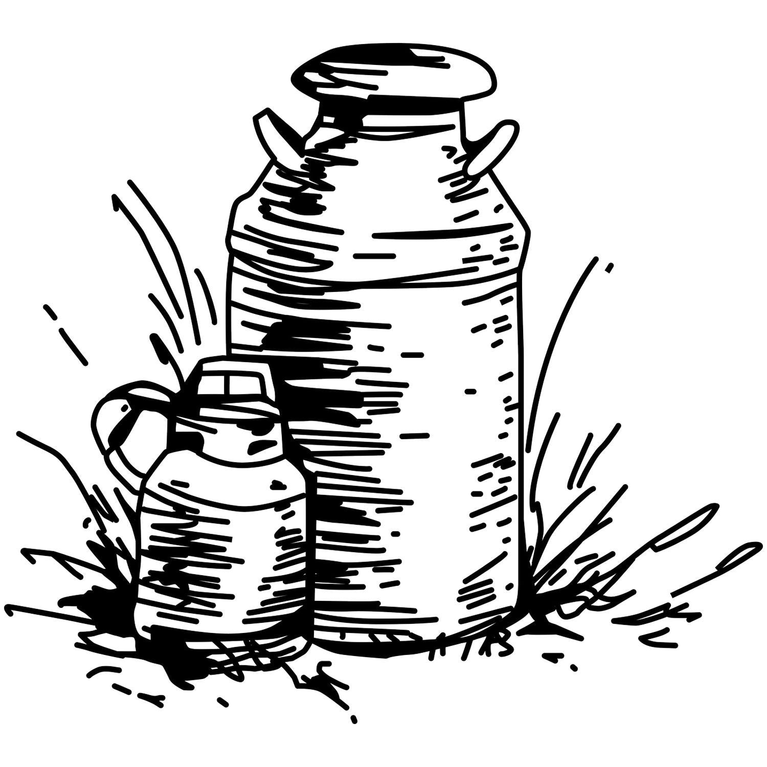 Black and white vintage dairy illustration of a milk can and milk bottle in grass.