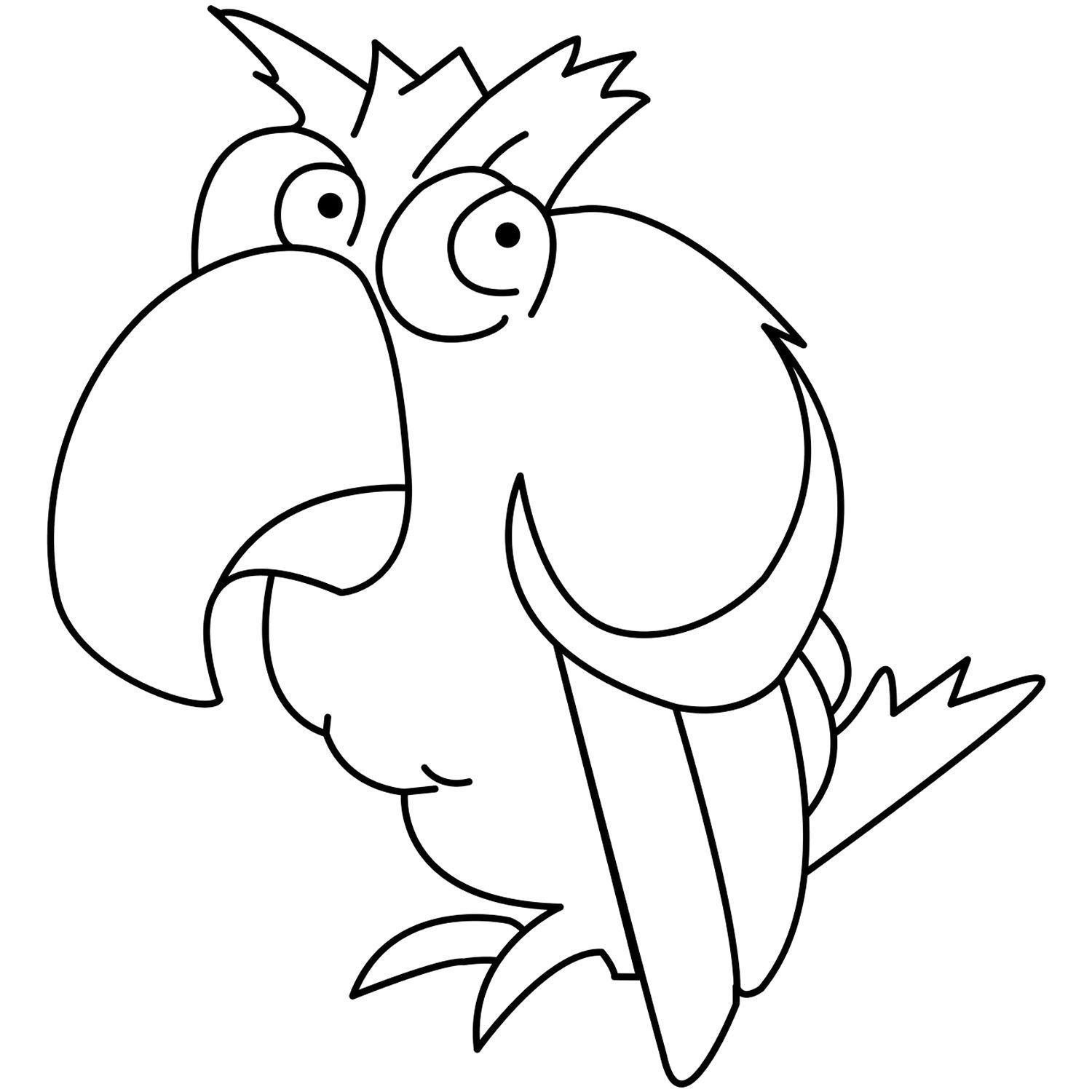 Cute cartoon parrot coloring page outline with big beak and expressive eyes, black and white bird illustration for kids.