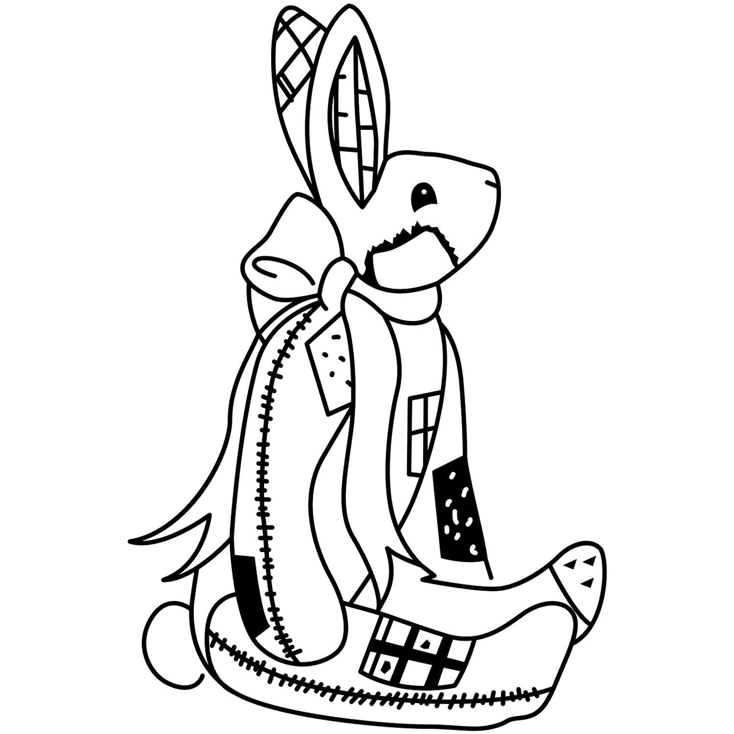 Black and white patchwork stuffed rabbit coloring page illustration with cute plush bunny toy design.