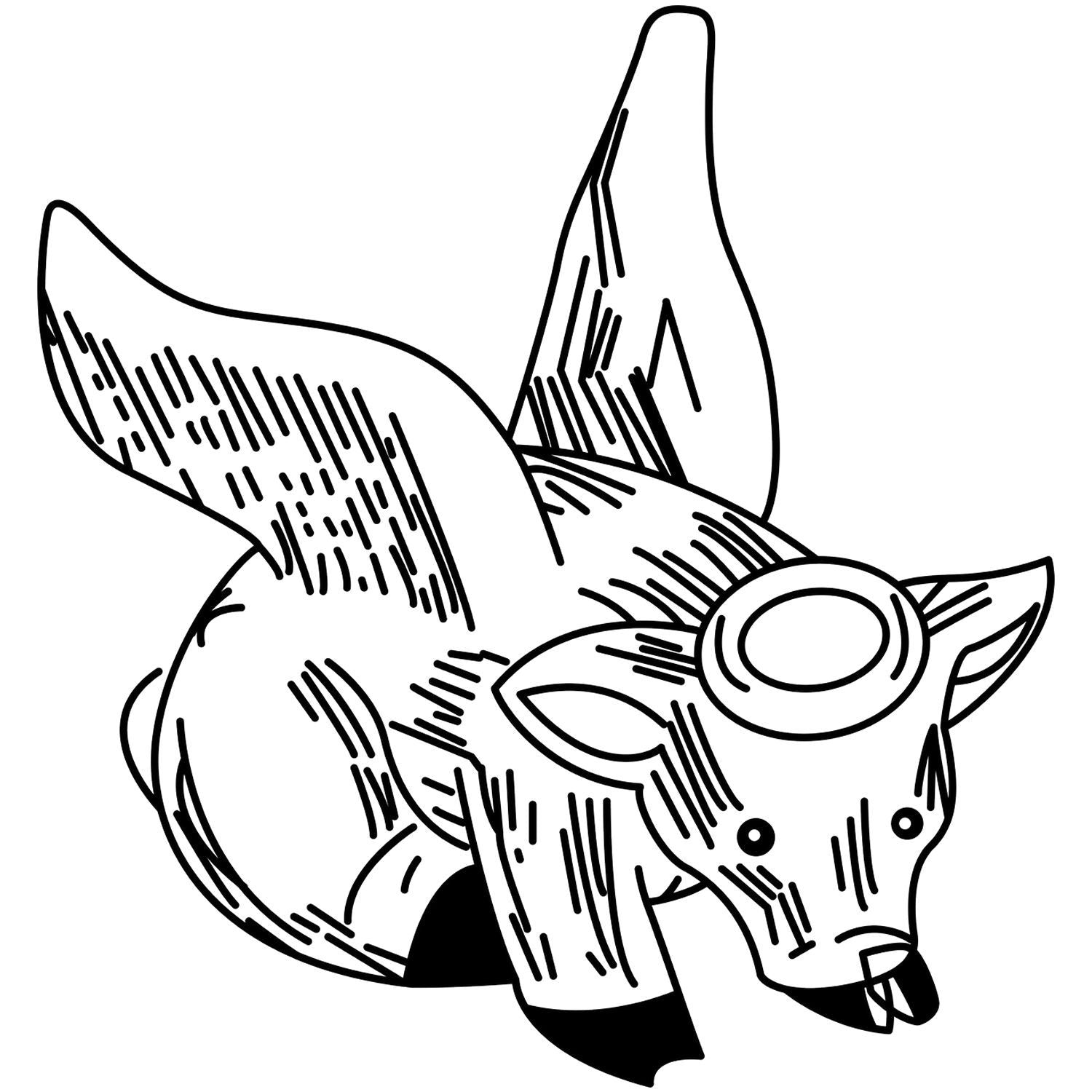 Black and white fox illustration with wings and goggles, cartoon animal line art on white background.