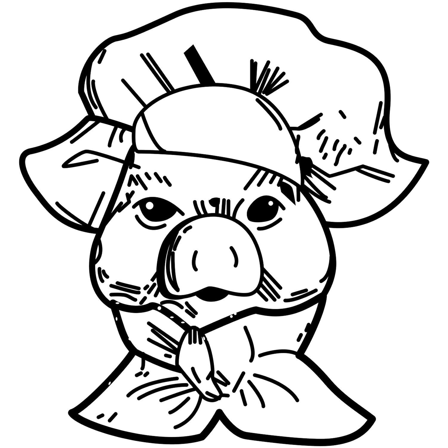 Black and white cartoon pig wearing a chef hat illustration, cute animal line art on a white background.
