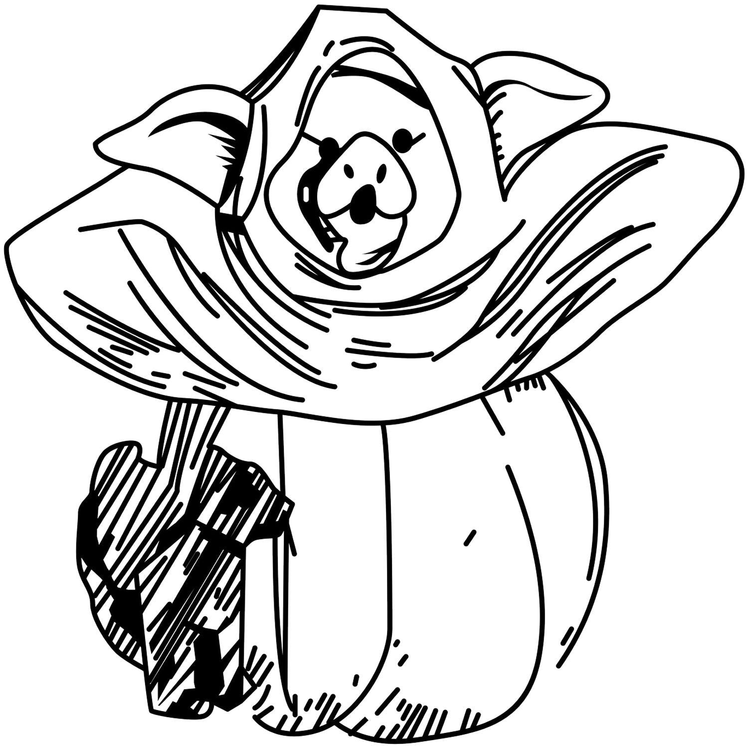 Black and white line art of a cute dog in a flower costume, simple coloring page illustration.