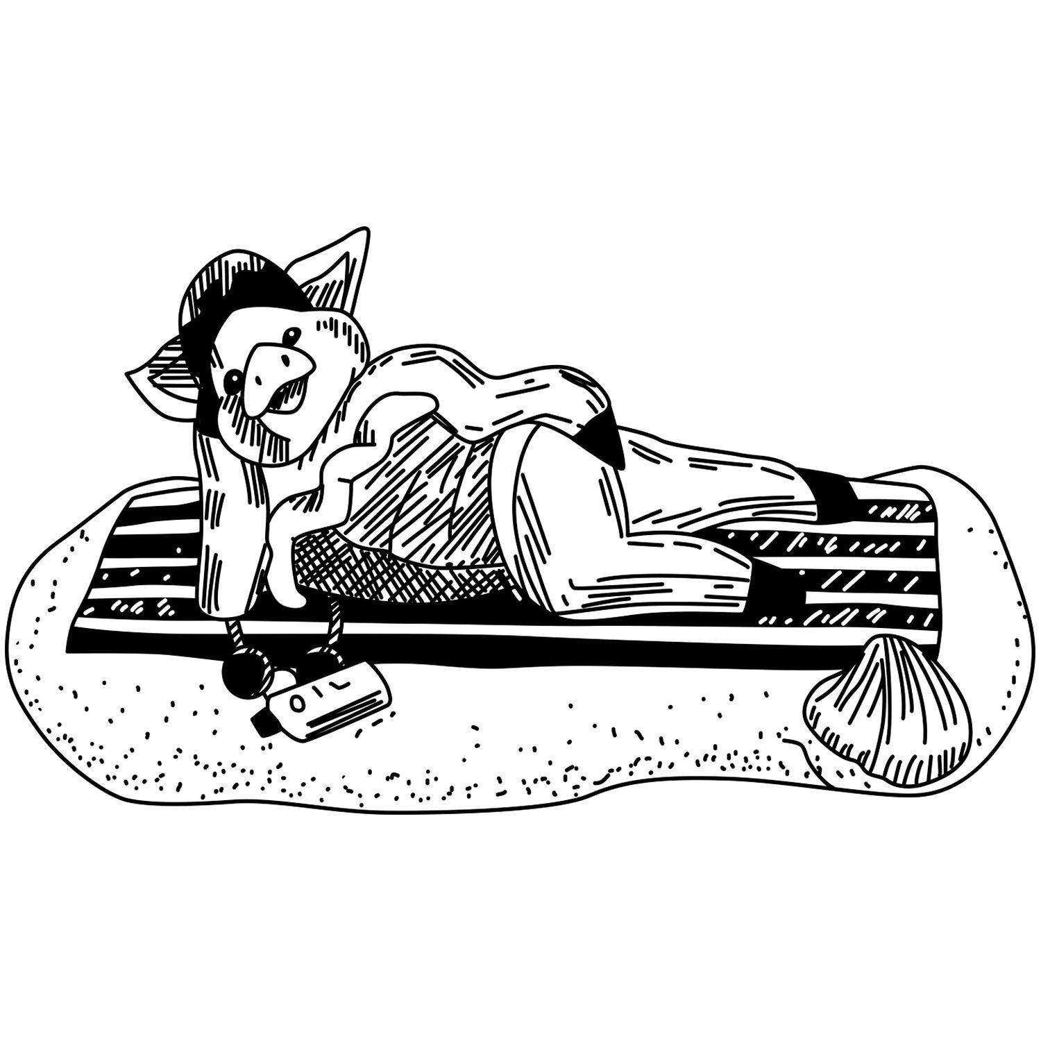 Cute black and white cat lounging on a cushion, printable coloring page illustration.