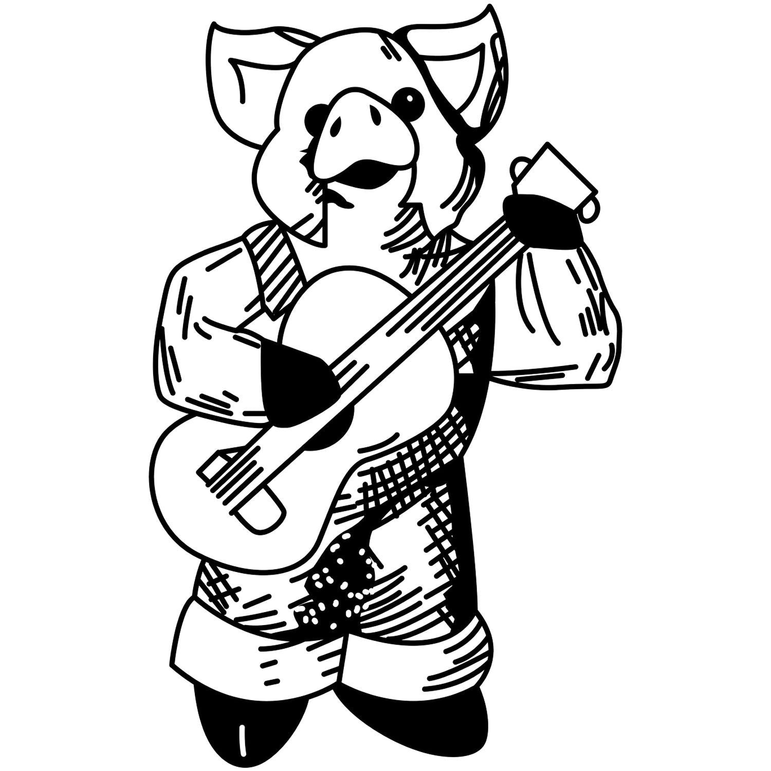 Black and white cartoon pig playing an acoustic guitar, cute farm animal illustration.