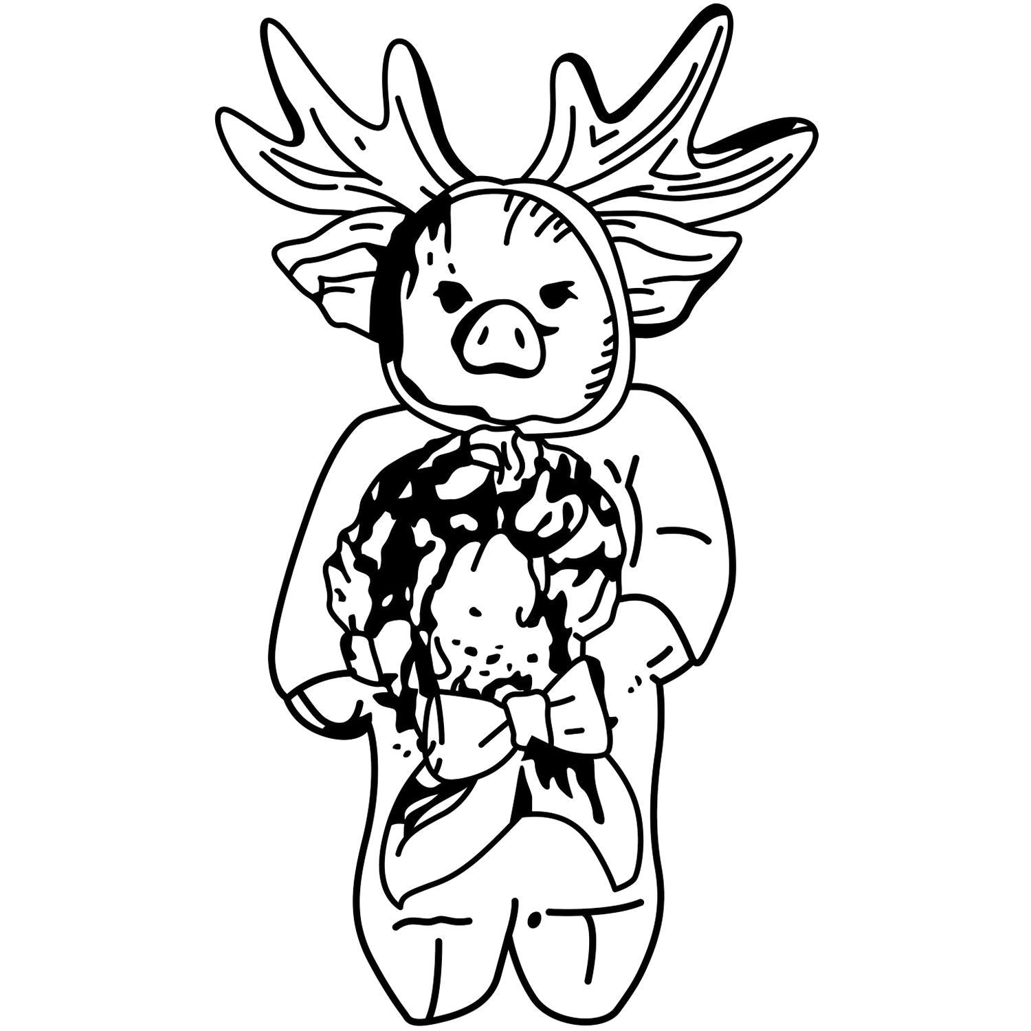 Black and white cartoon pig with antlers holding a globe, cute doodle line art illustration.
