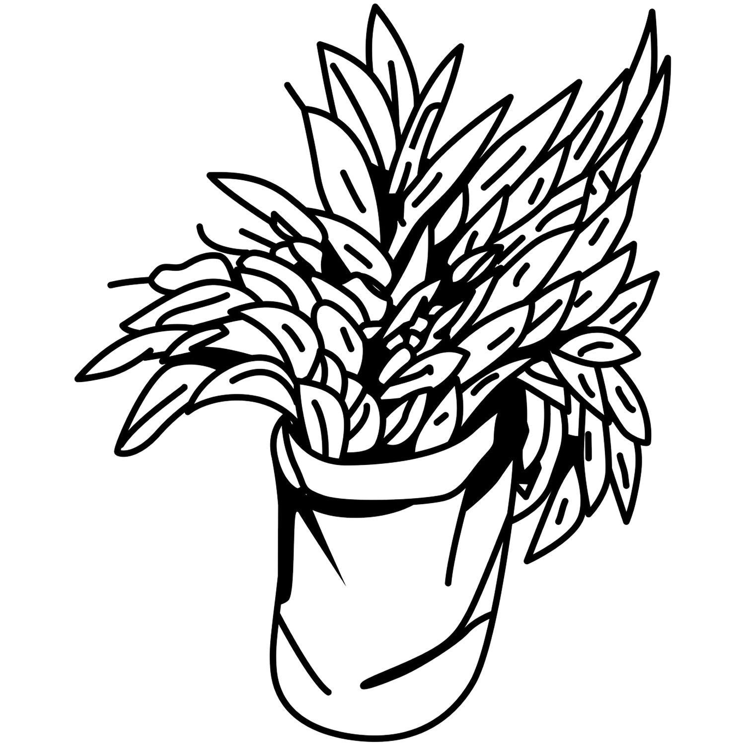 Black and white line art of a potted houseplant with long leafy stems, minimalist botanical illustration for home decor or coloring page.