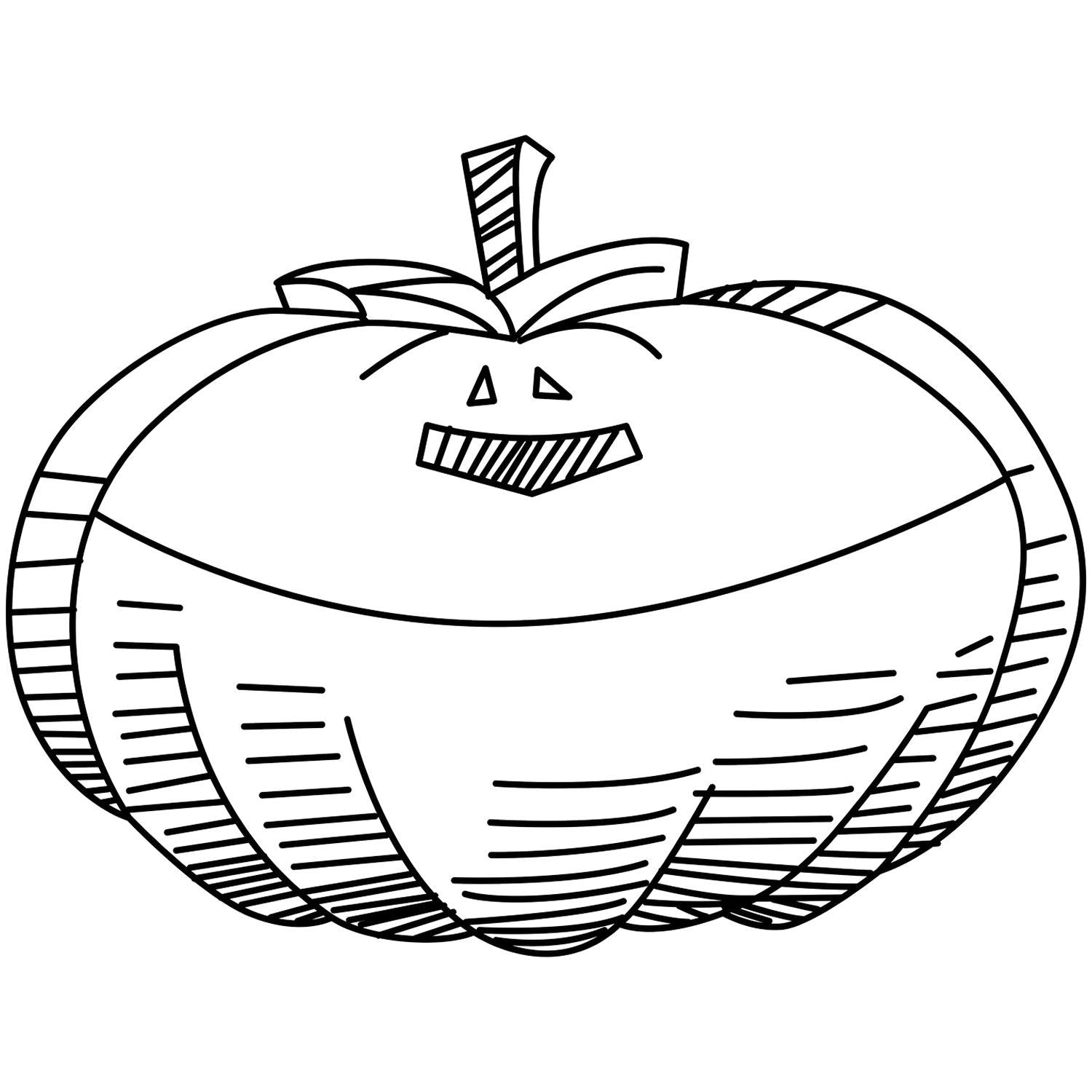Black and white pumpkin line art with a smiling face, perfect Halloween coloring page illustration