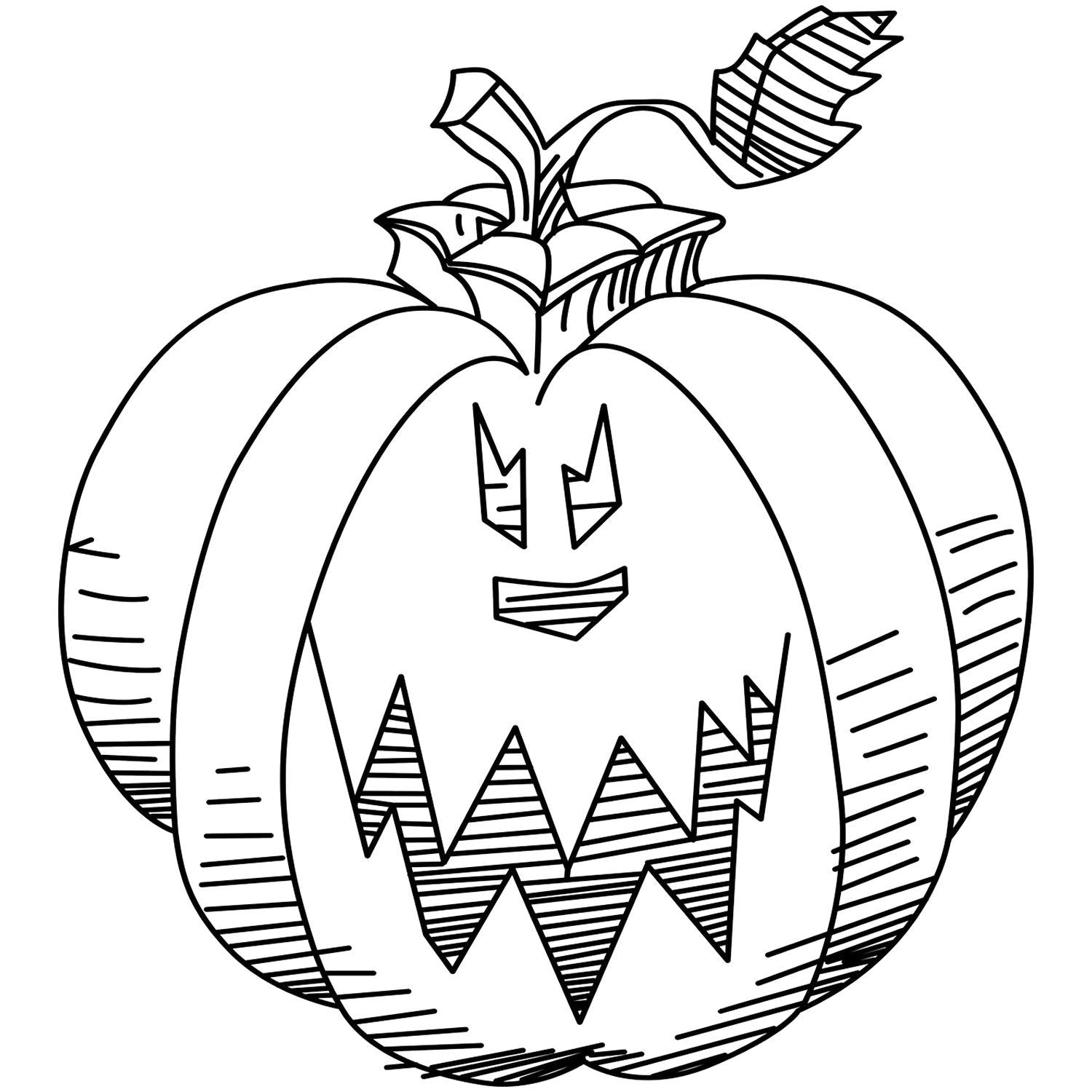 Black and white jack-o'-lantern pumpkin coloring page with spooky carved face, Halloween line art illustration.