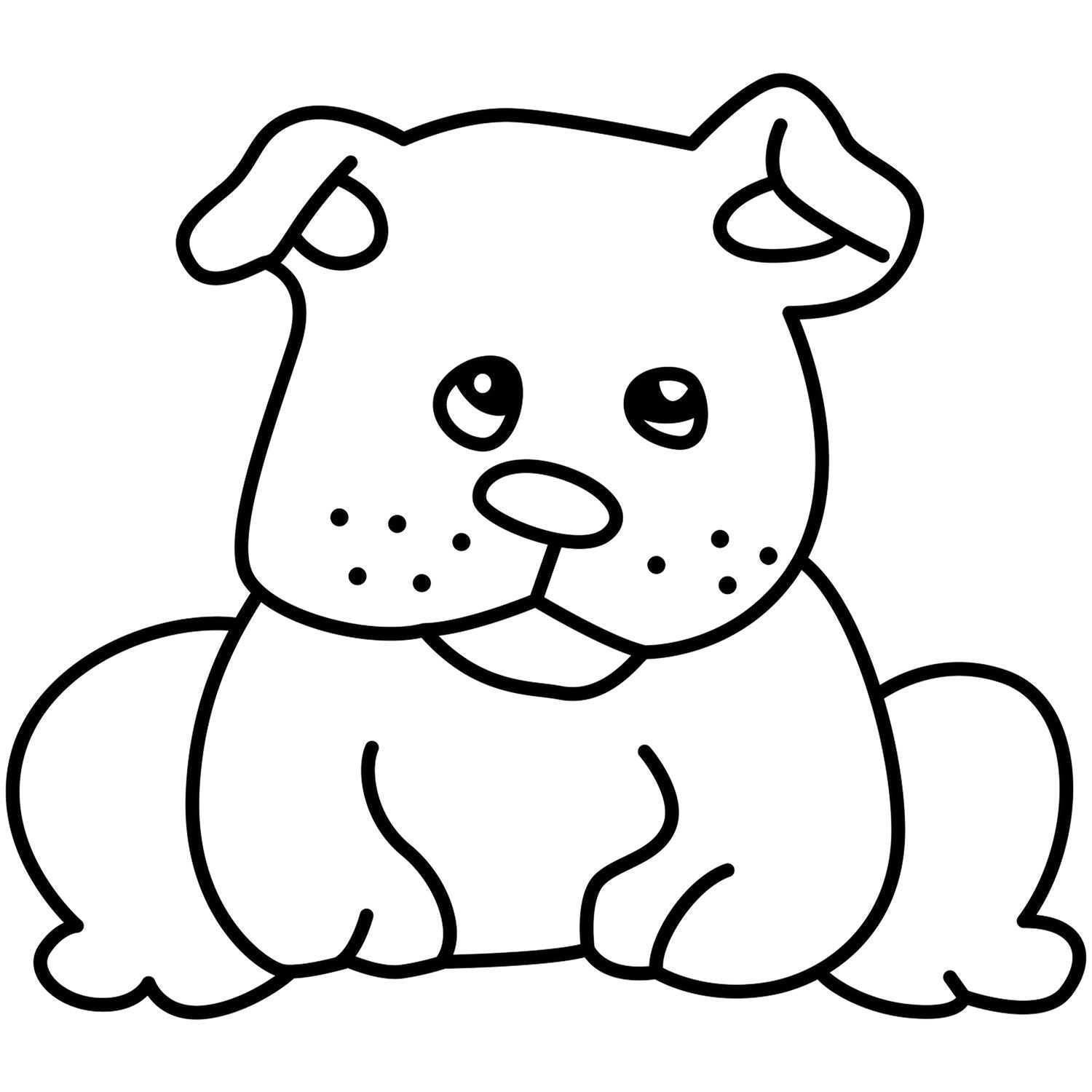 Cute black and white cartoon puppy illustration, simple dog coloring page line art with floppy ears and sitting pose