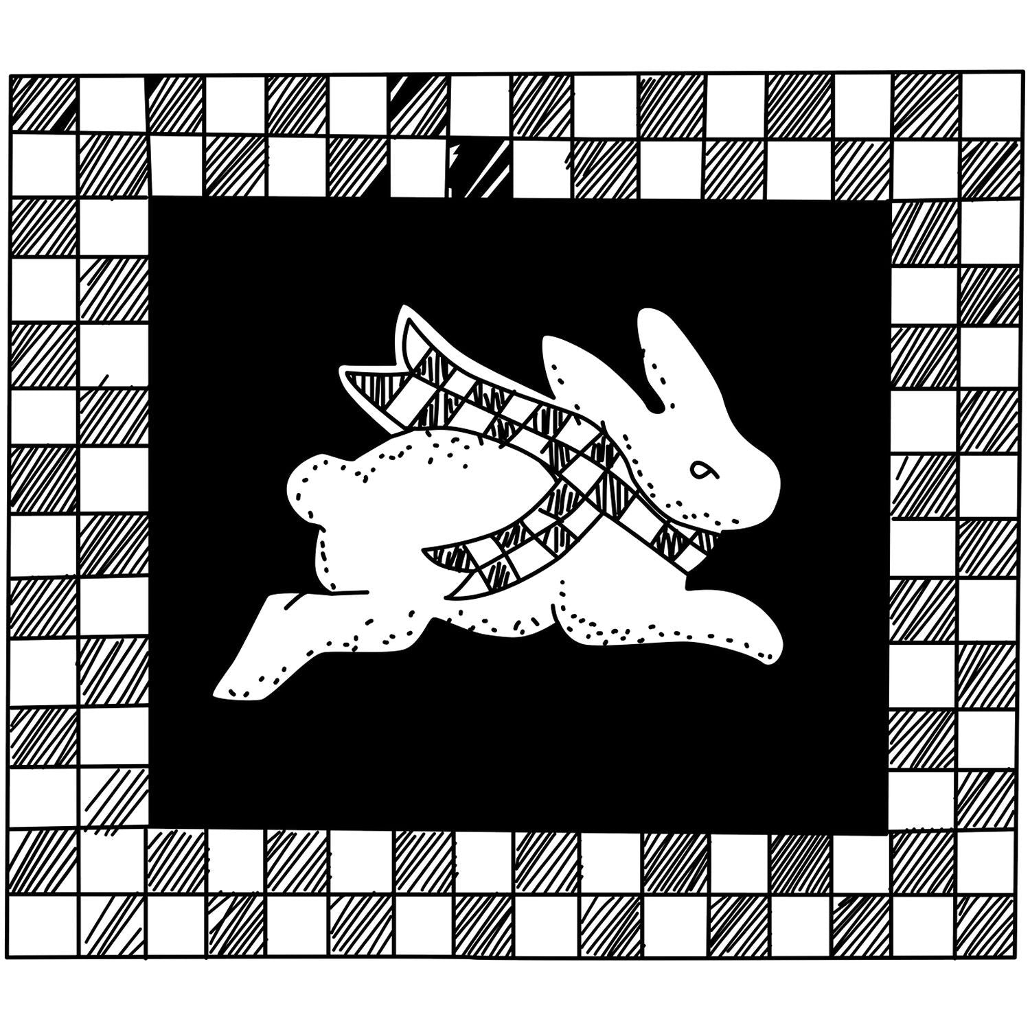 Black and white rabbit illustration with patterned checkerboard border, abstract vintage-style animal art.