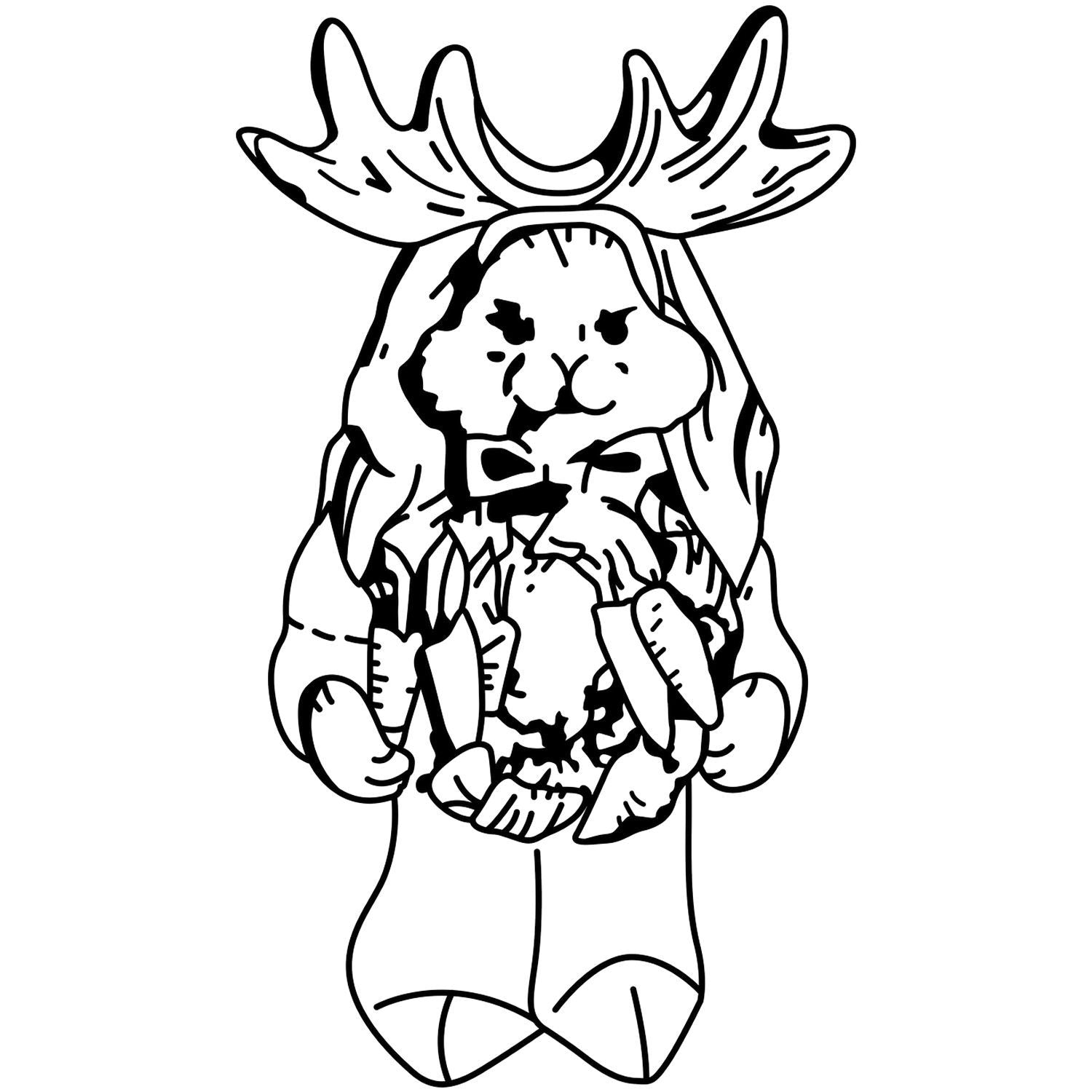 Black and white moose cartoon in a hoodie, cute antler character line art illustration.