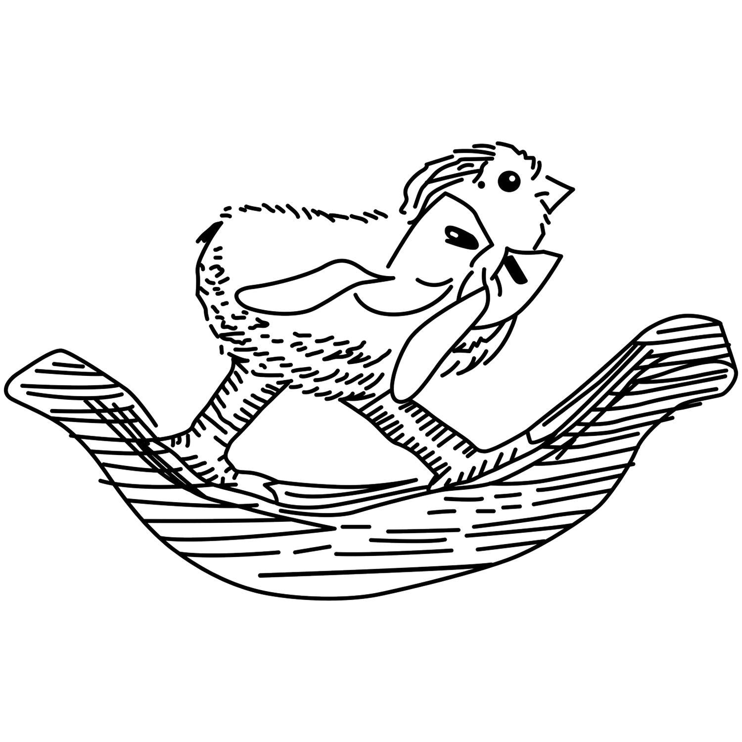 Black and white line drawing of a bird riding a wooden rocking horse, coloring page illustration.