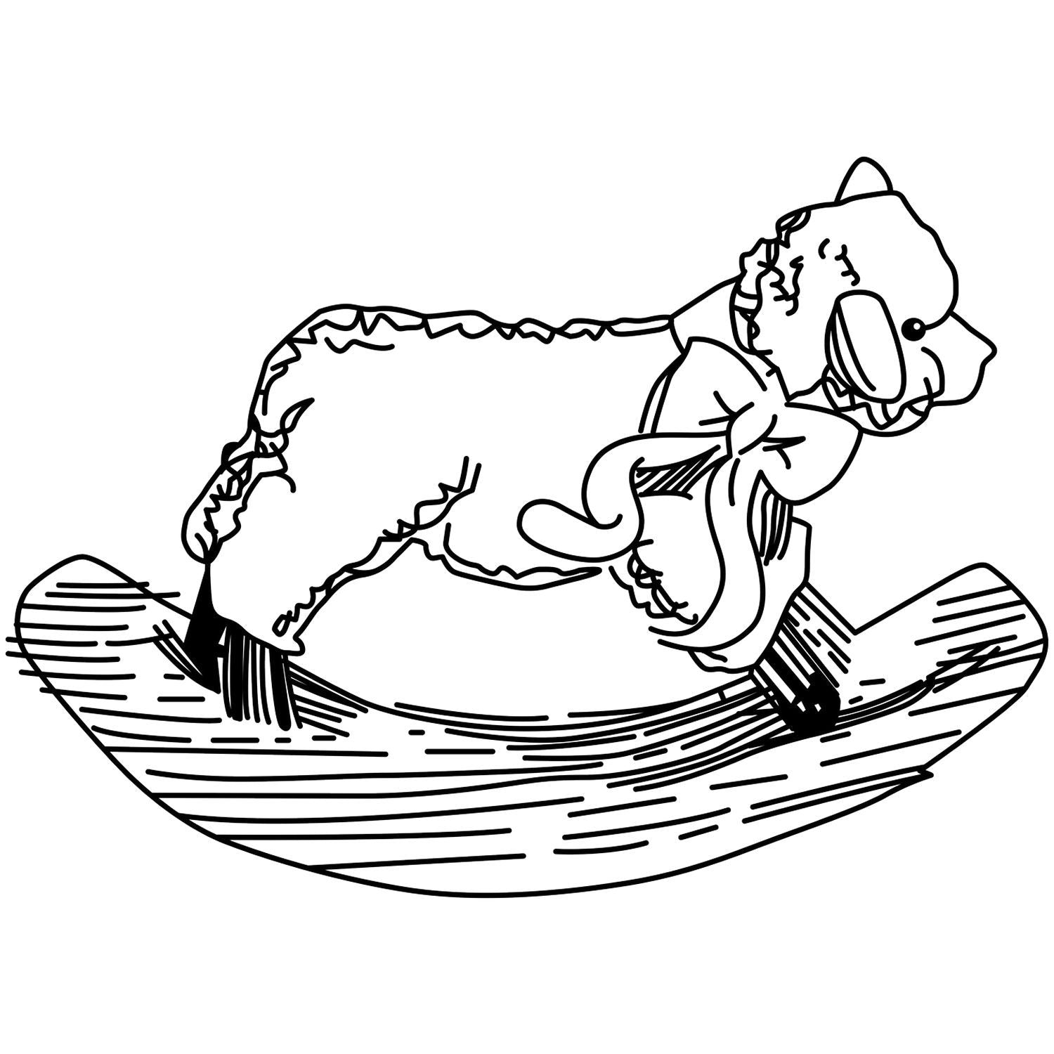 Black and white line drawing of a teddy bear riding a rocking horse, coloring page illustration