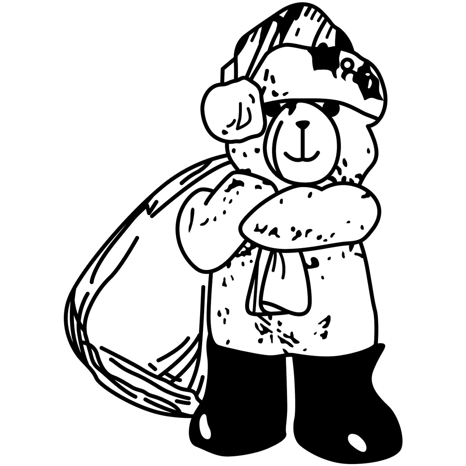 Cute cartoon teddy bear in winter hat, scarf, and boots black and white line art illustration.