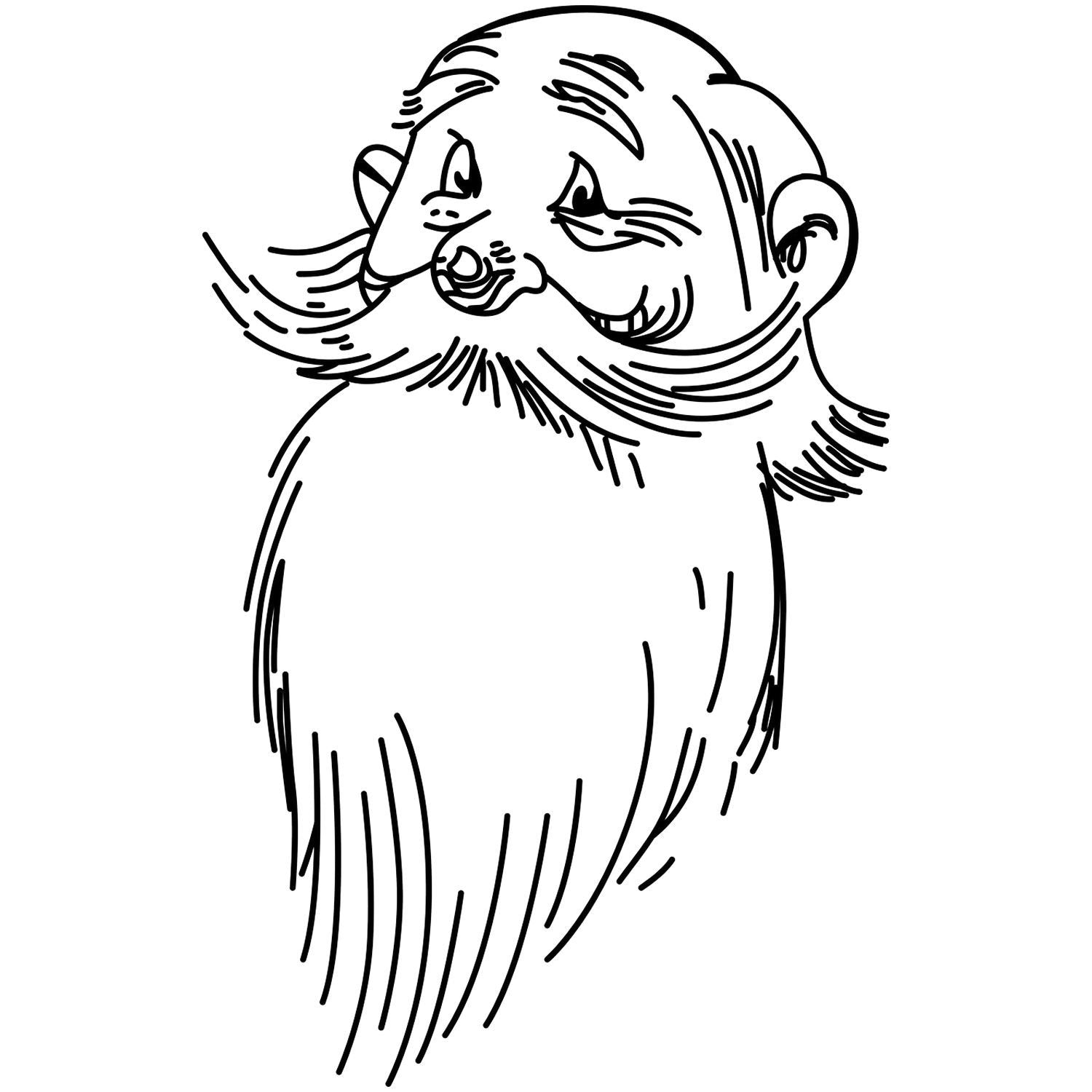 Whimsical black and white line drawing of a smiling old man with a long flowing beard and mustache.