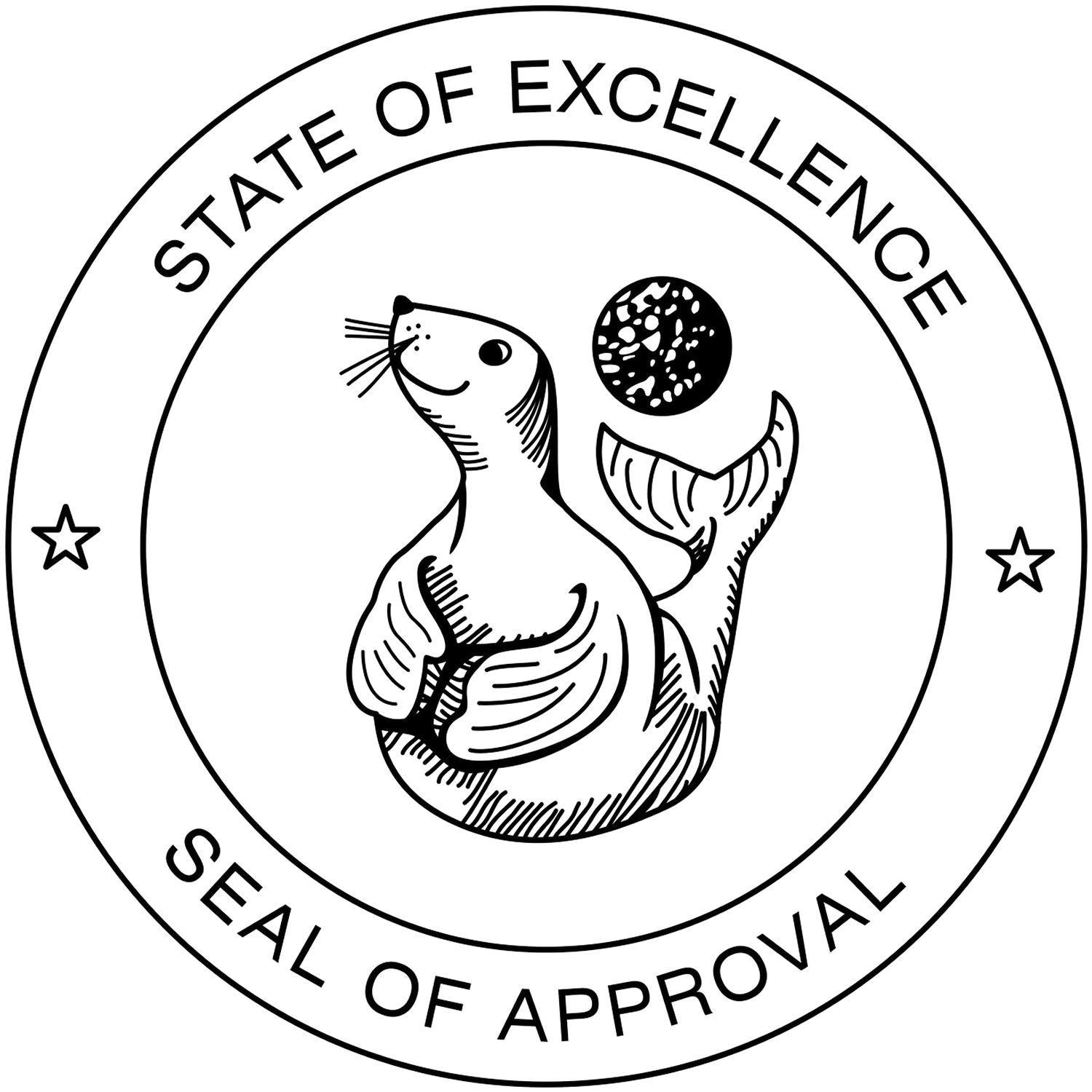 Black and white State of Excellence seal of approval logo with a playful seal illustration and circular badge design.