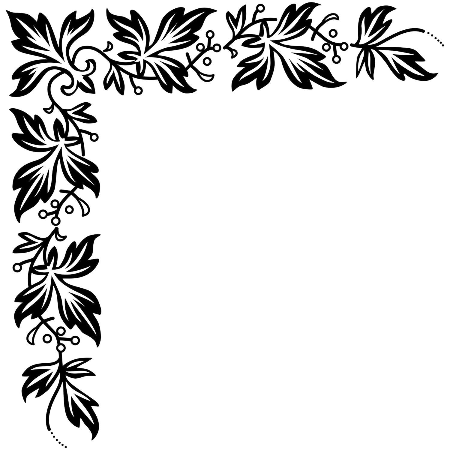 Black floral vine corner border with decorative leaves, botanical frame design on white background
